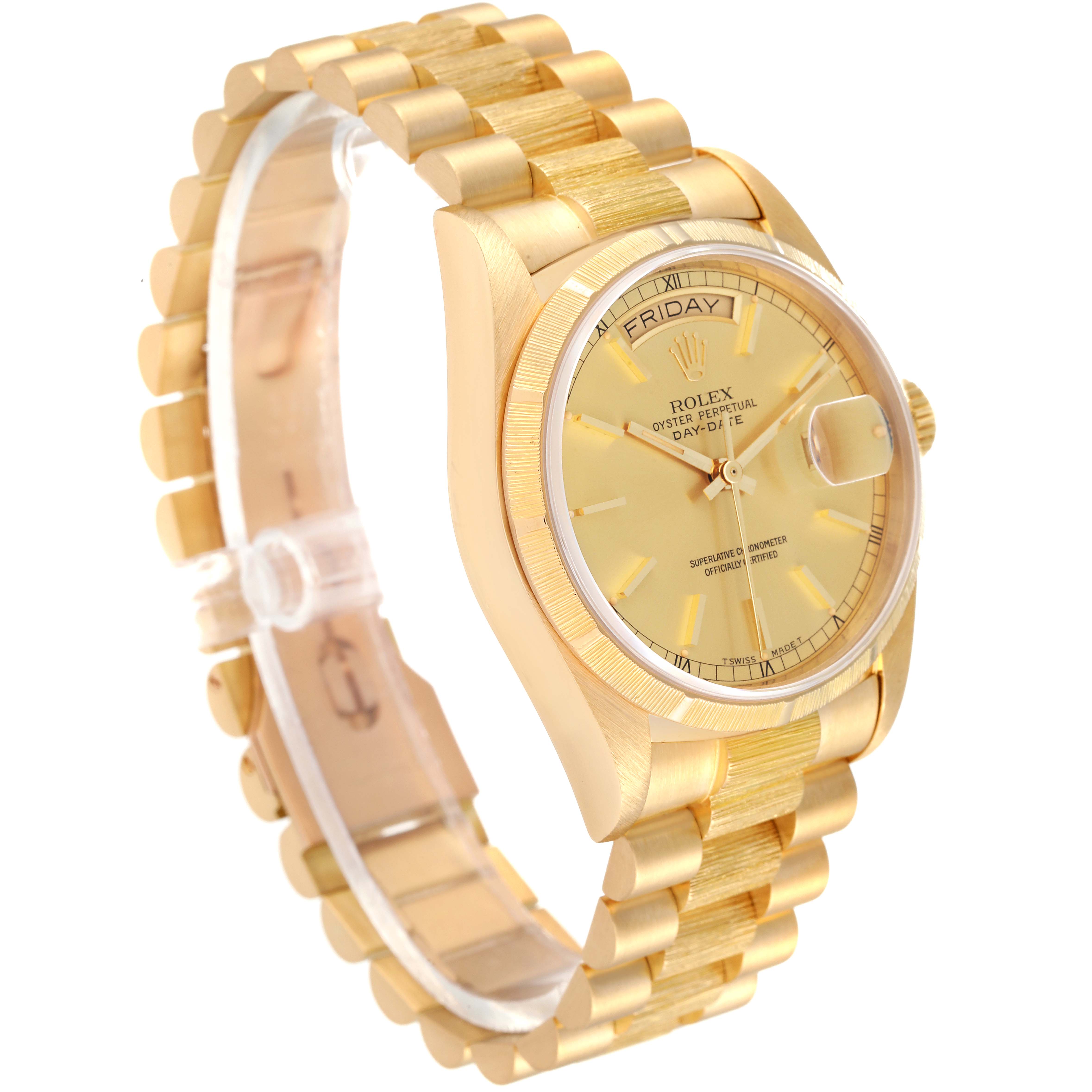 The image shows a Rolex President 18078 Men
s Yellow Gold Champagne Dial 18078 Men
s Yellow Gold Champagne Dial model watch at a three-quarter angle, highlighting the gold bracelet, face, and day-date display.