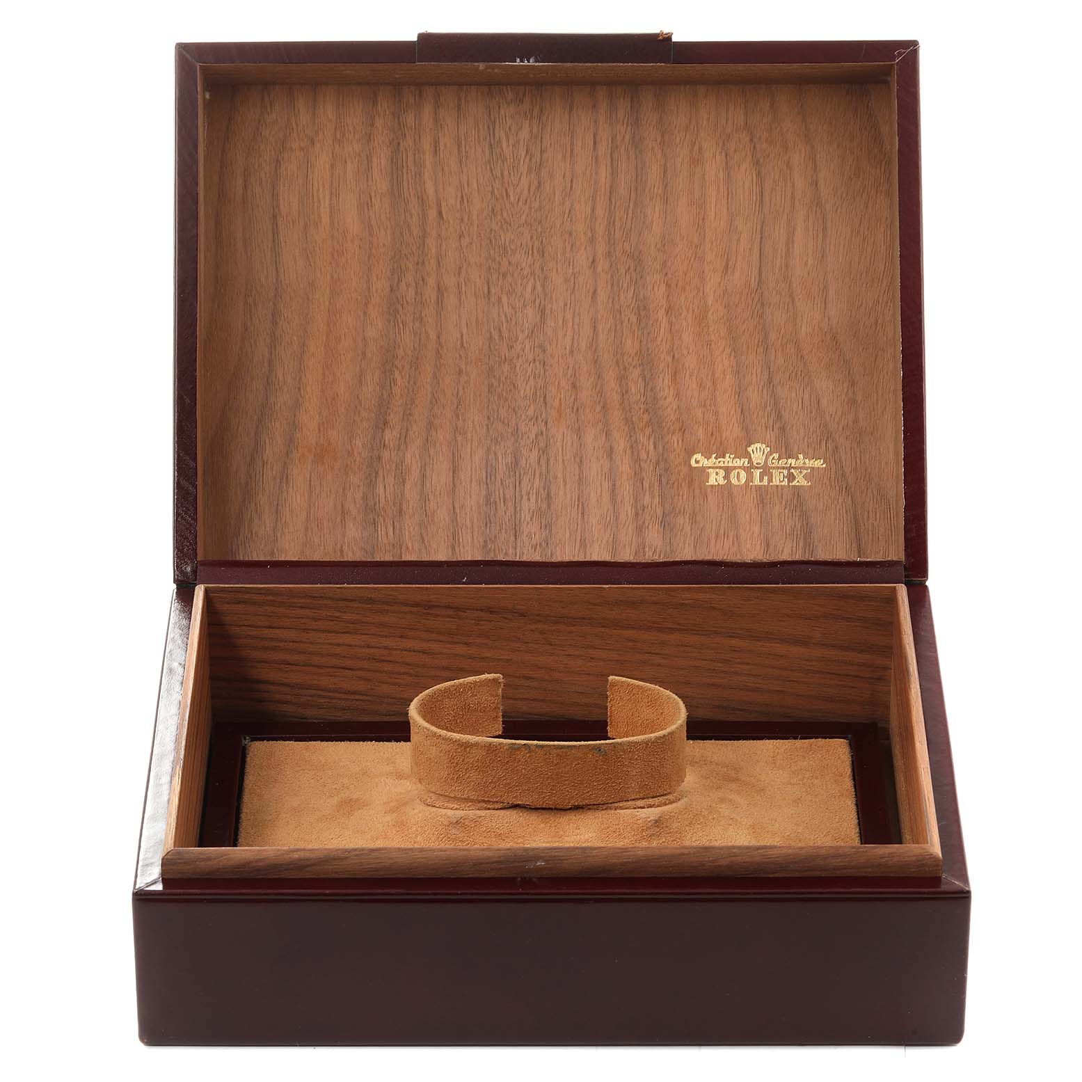 The image shows an open wooden display box for a Rolex President 18078 Men
s Yellow Gold Champagne Dial 18078 Men
s Yellow Gold Champagne Dial model watch, viewed from the front.