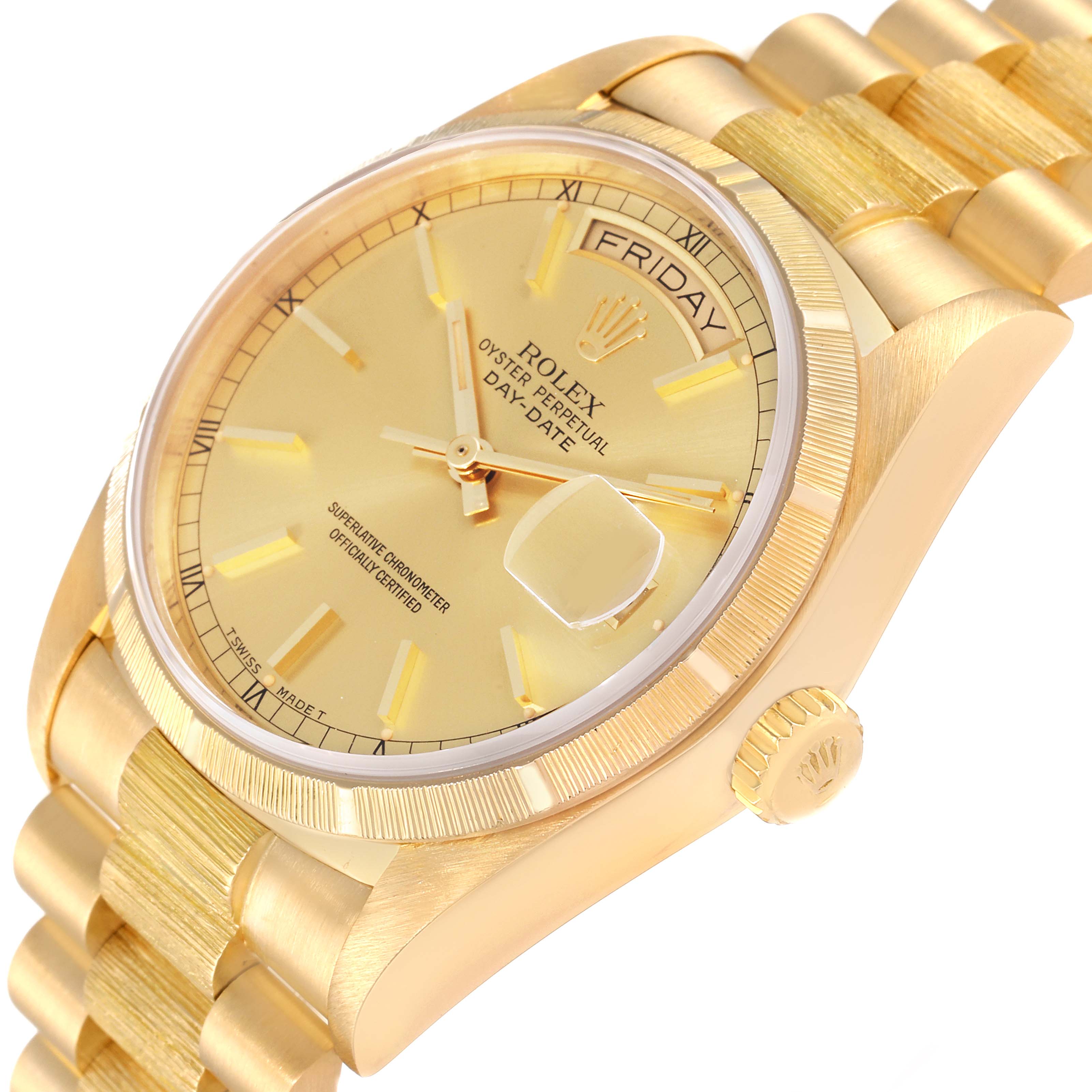 This image shows a close-up, angled view of the Rolex President 18078 Men
s Yellow Gold Champagne Dial 18078 Men
s Yellow Gold Champagne Dial Day-Date watch face and part of the gold bracelet.