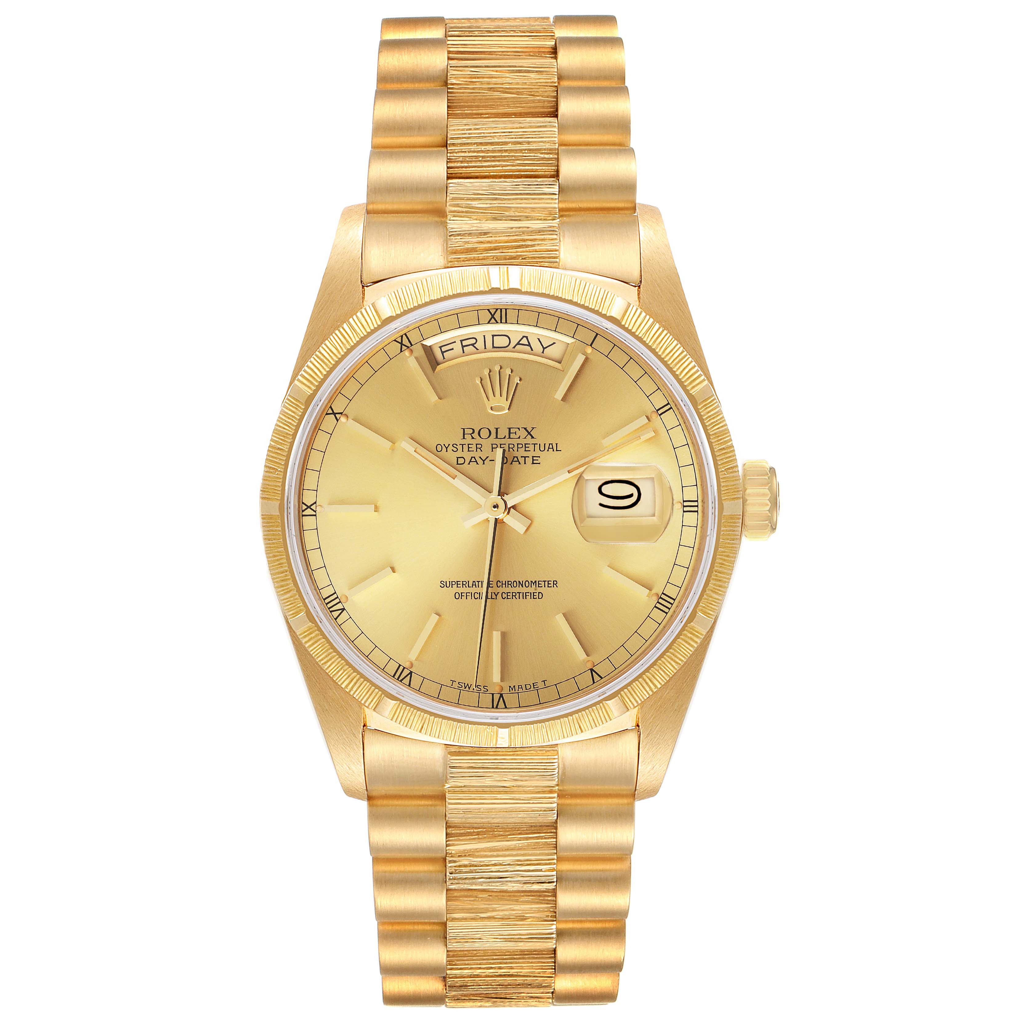 The image shows a frontal view of the Rolex President 18078 Men
s Yellow Gold Champagne Dial 18078 Men
s Yellow Gold Champagne Dial model watch, displaying its gold dial and bracelet.