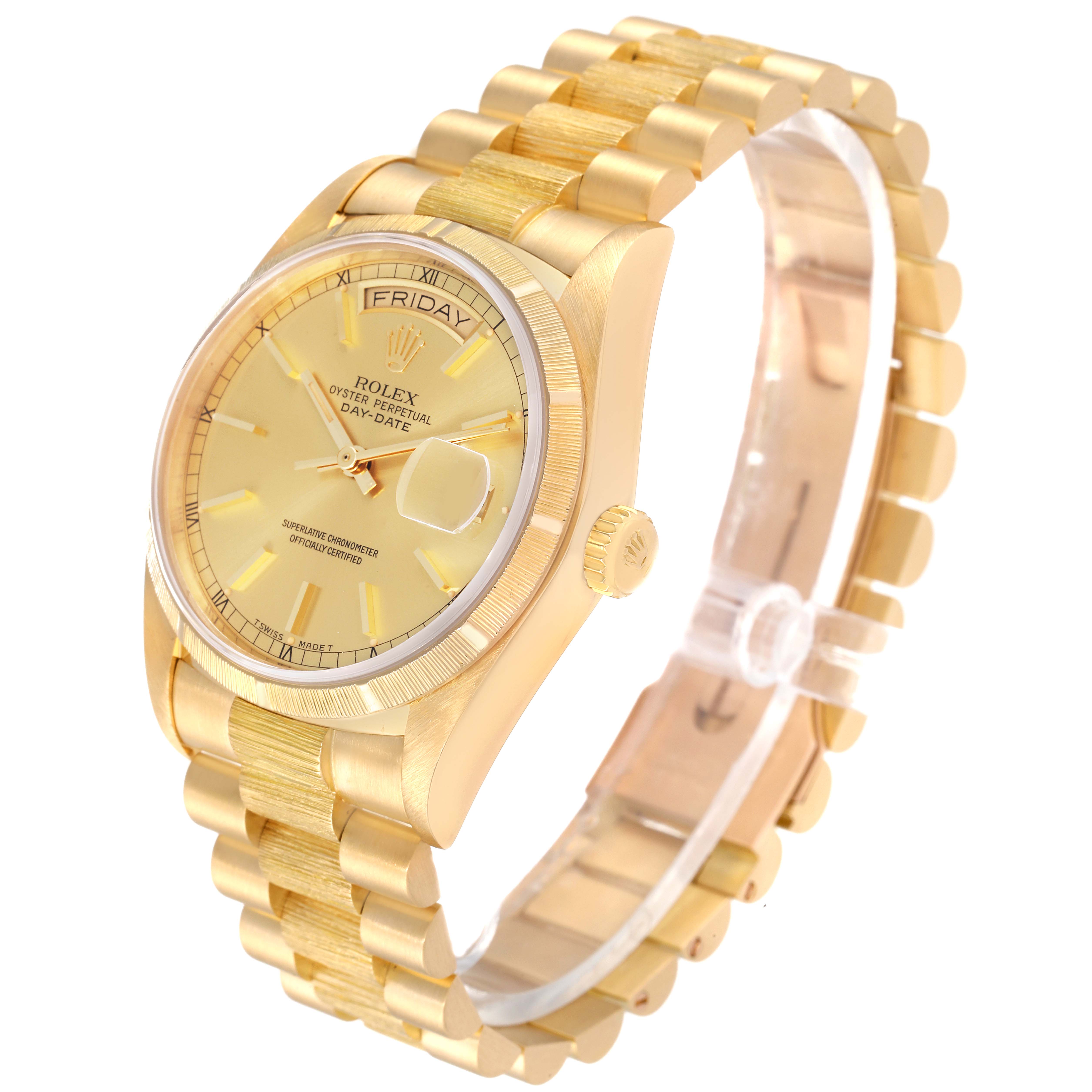 This image shows a Rolex President 18078 Men
s Yellow Gold Champagne Dial 18078 Men
s Yellow Gold Champagne Dial model watch at a three-quarter angle, showcasing its gold bracelet, dial, and day-date function.