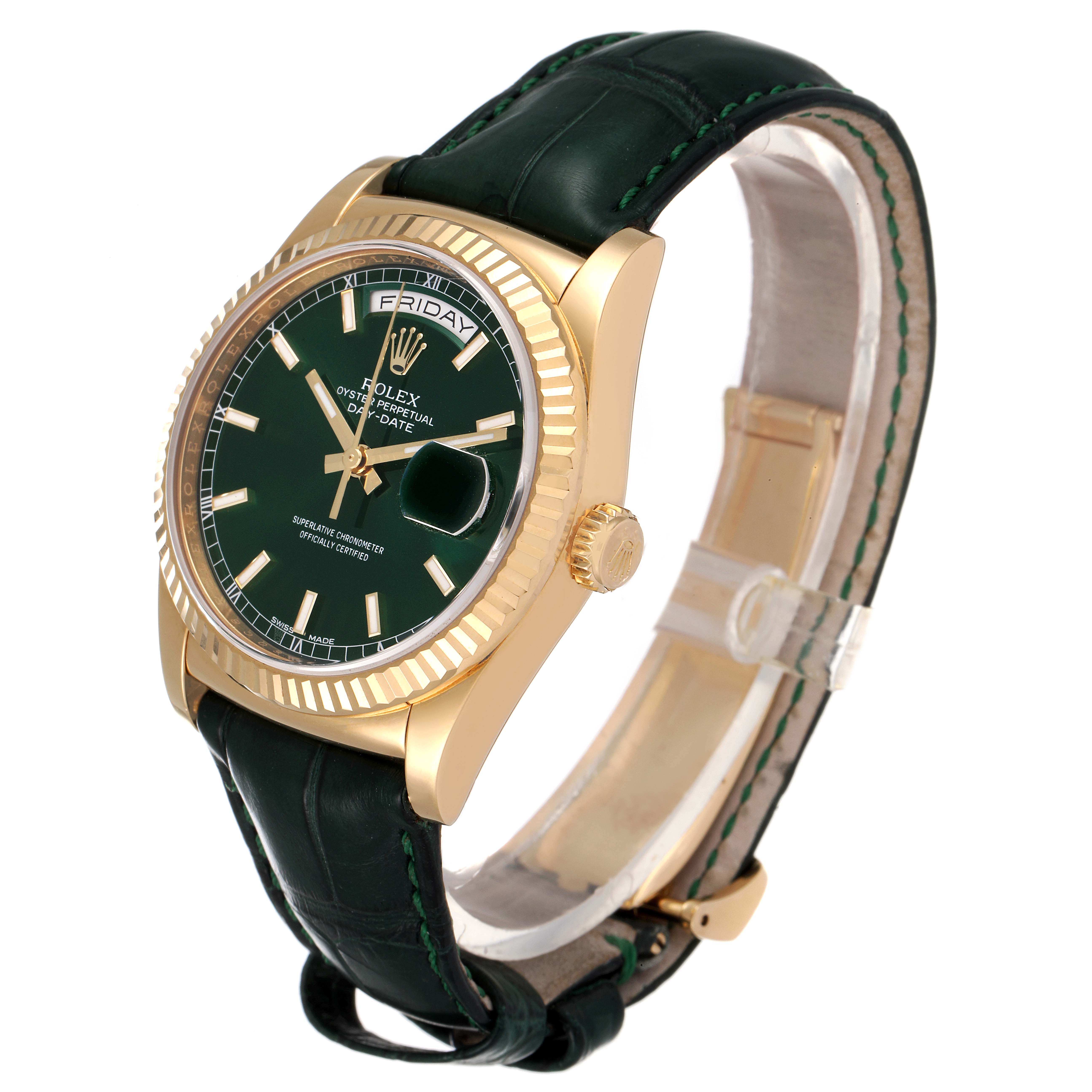 The image shows a Rolex President 118138 Men's Yellow Gold Green Dial 118138 Men's Yellow Gold Green Dial model watch from an angled side view, highlighting the green dial, gold case, and leather strap.