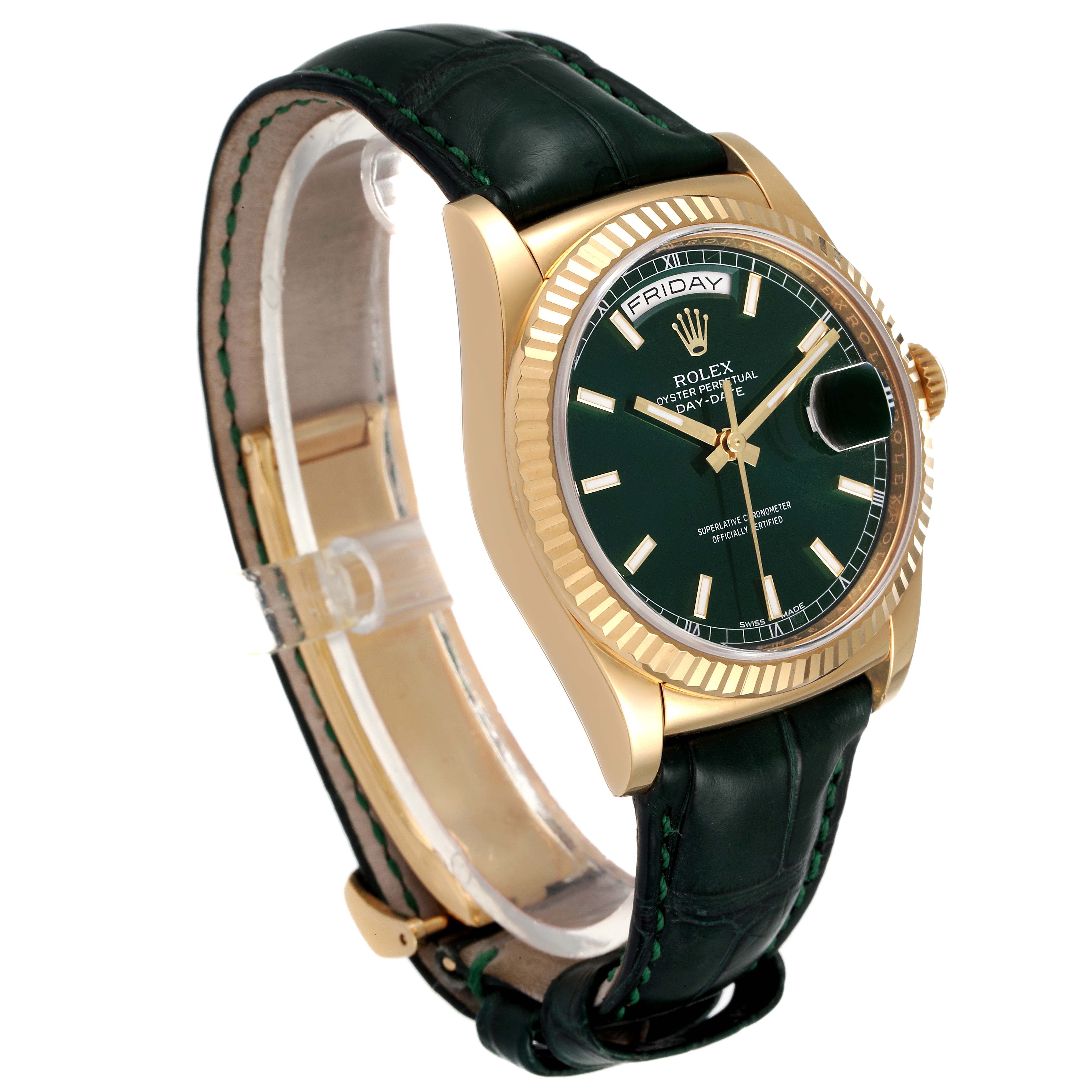 This image shows a side-angle view of a Rolex President 118138 Men's Yellow Gold Green Dial 118138 Men's Yellow Gold Green Dial model watch, highlighting its gold bezel, green dial, and black strap.