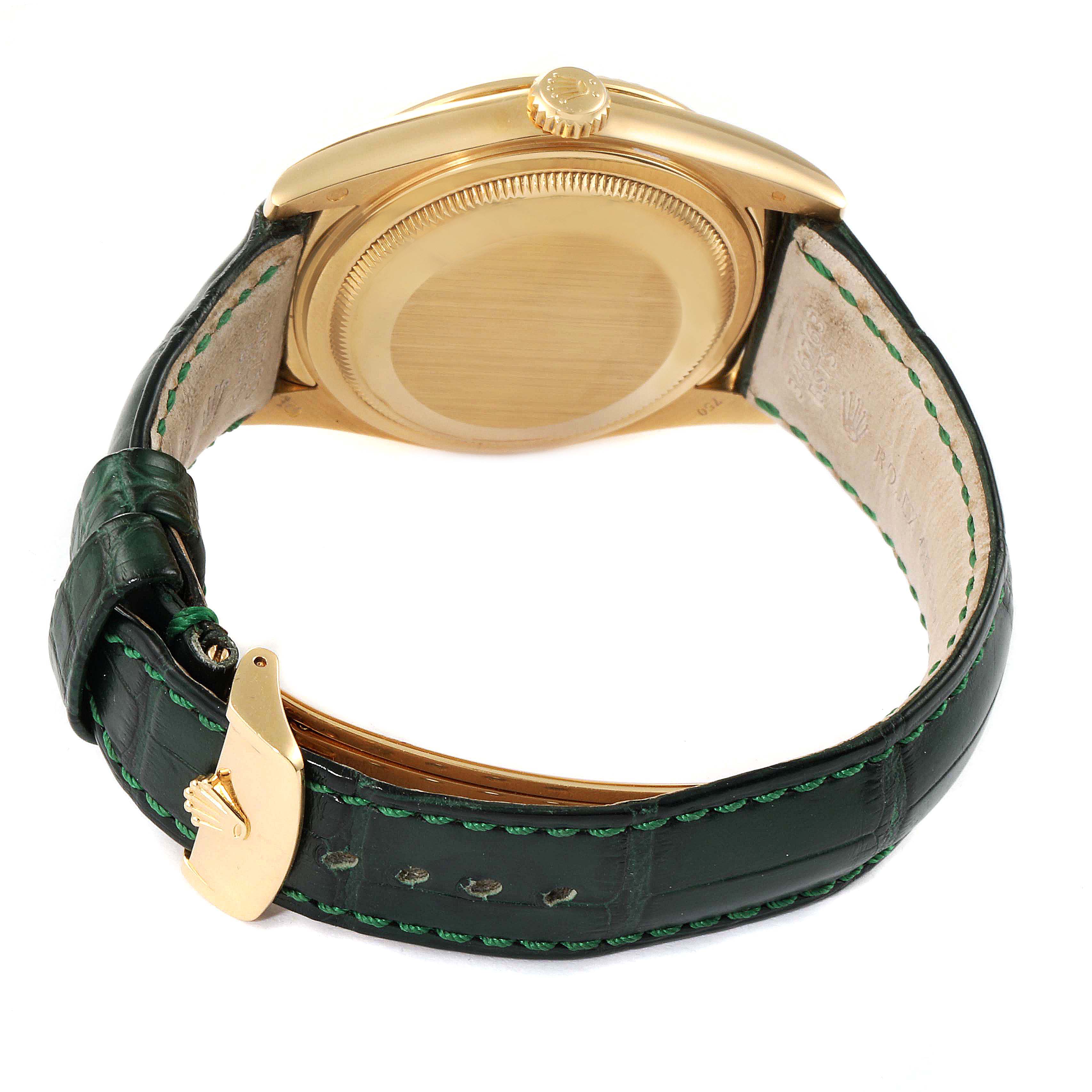 This image shows the Rolex President 118138 Men's Yellow Gold Green Dial 118138 Men's Yellow Gold Green Dial model watch from the backside, displaying its gold case and green leather strap with a buckle.