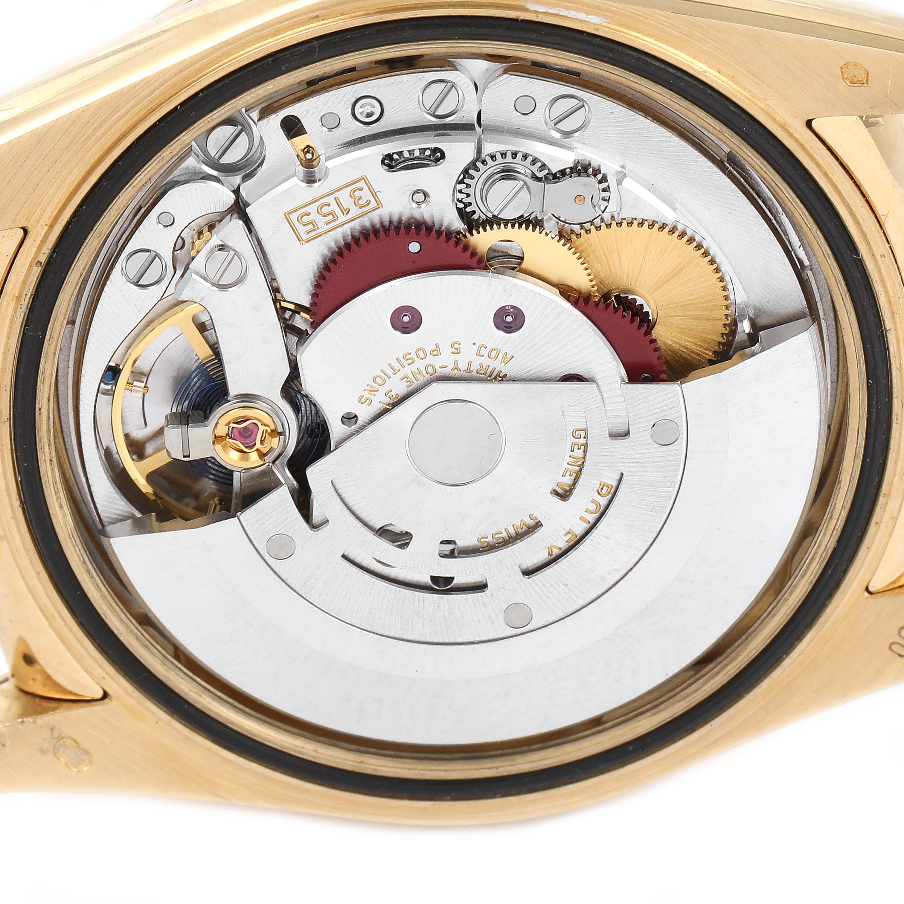 The image shows the intricate internal mechanism and movement of the Rolex President 118138 Men's Yellow Gold Green Dial 118138 Men's Yellow Gold Green Dial model watch from the back.