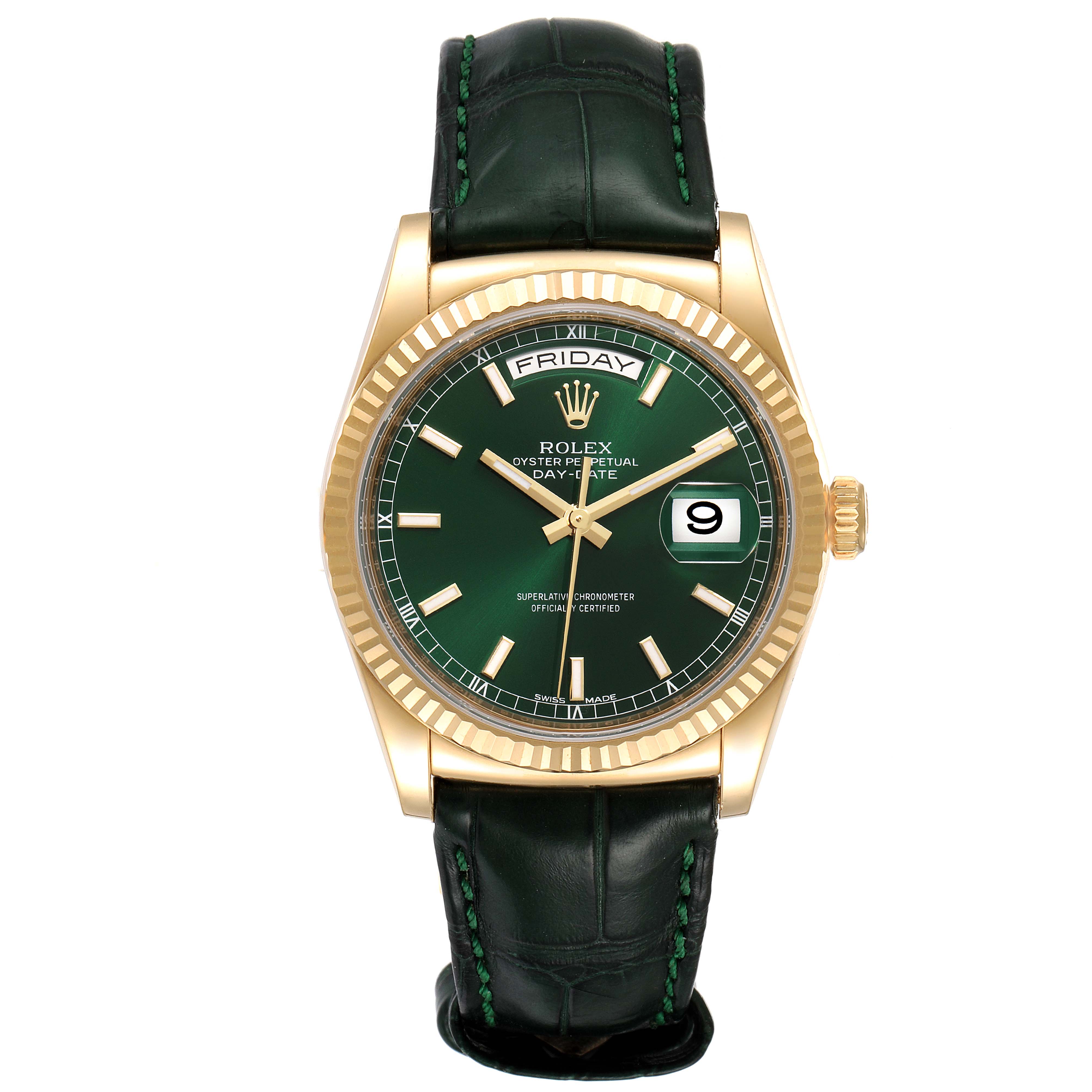 This image shows a front view of a Rolex President 118138 Men's Yellow Gold Green Dial 118138 Men's Yellow Gold Green Dial model watch, displaying its green dial, gold case, day-date feature, and green leather strap.