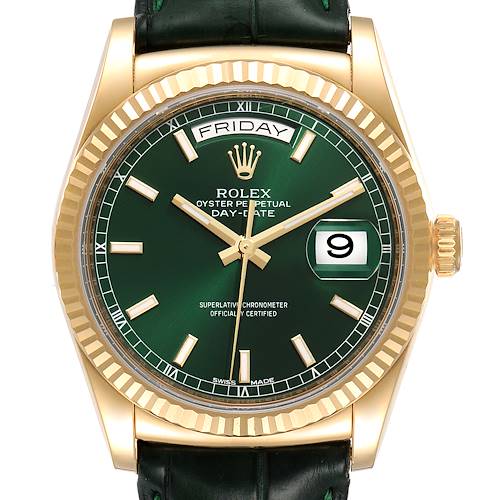 Photo of Rolex President Day-Date Yellow Gold Green Dial Mens Watch 118138 Box Card