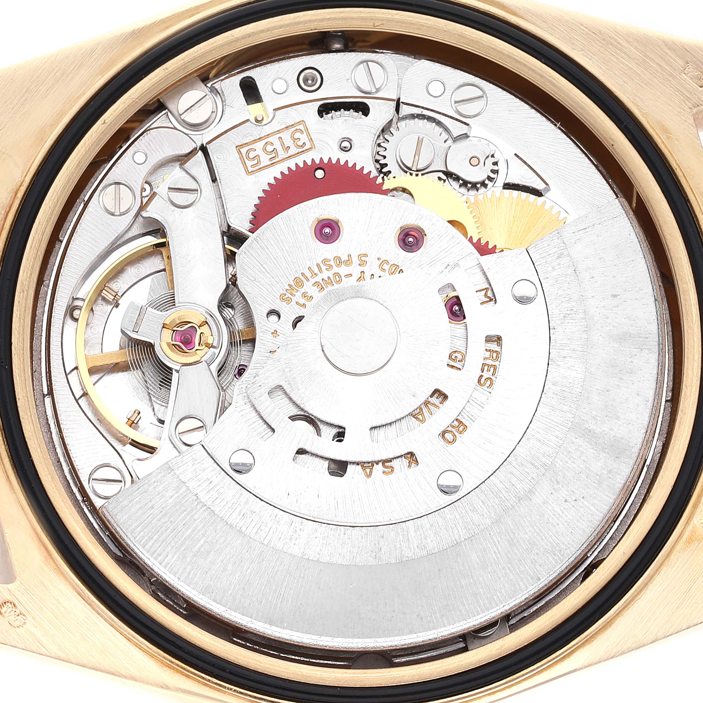 This image shows the intricate internal mechanism of the Rolex President 18238 Men
s Yellow Gold Champagne Dial 18238 Men
s Yellow Gold Champagne Dial model watch from a back angle.