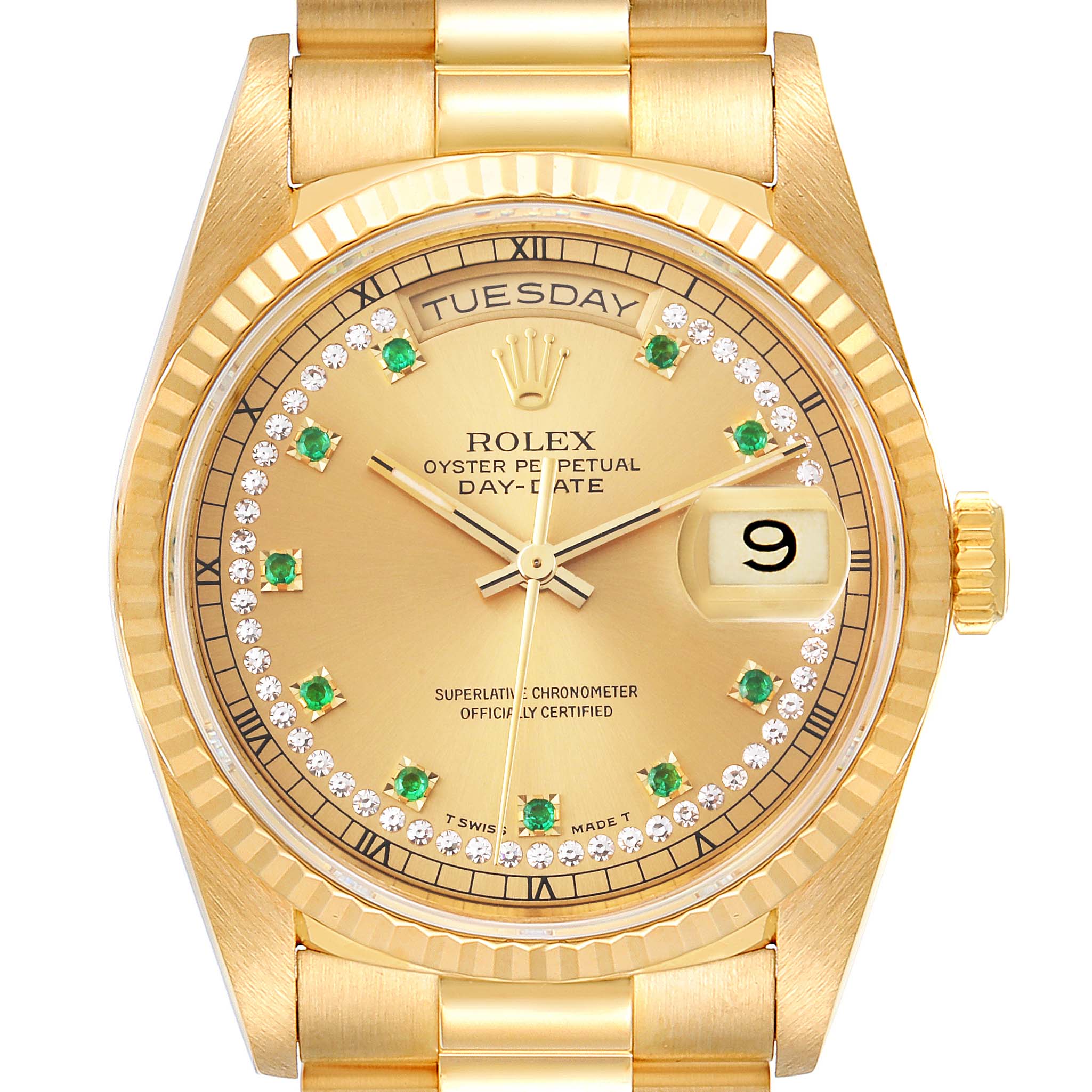 The image displays a front view of a Rolex President 18238 Men
s Yellow Gold Champagne Dial 18238 Men
s Yellow Gold Champagne Dial model, showcasing the dial, bezel, and bracelet.