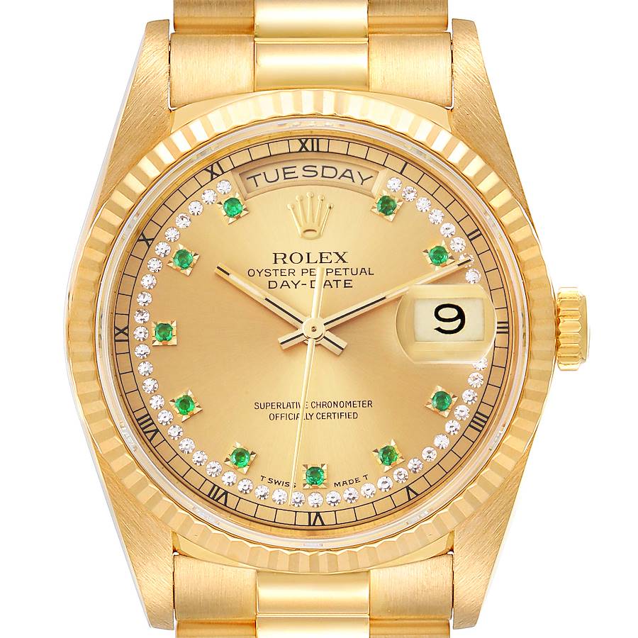 Rolex President Day-Date Yellow Gold String Diamond Emerald Dial Watch 18238 SwissWatchExpo