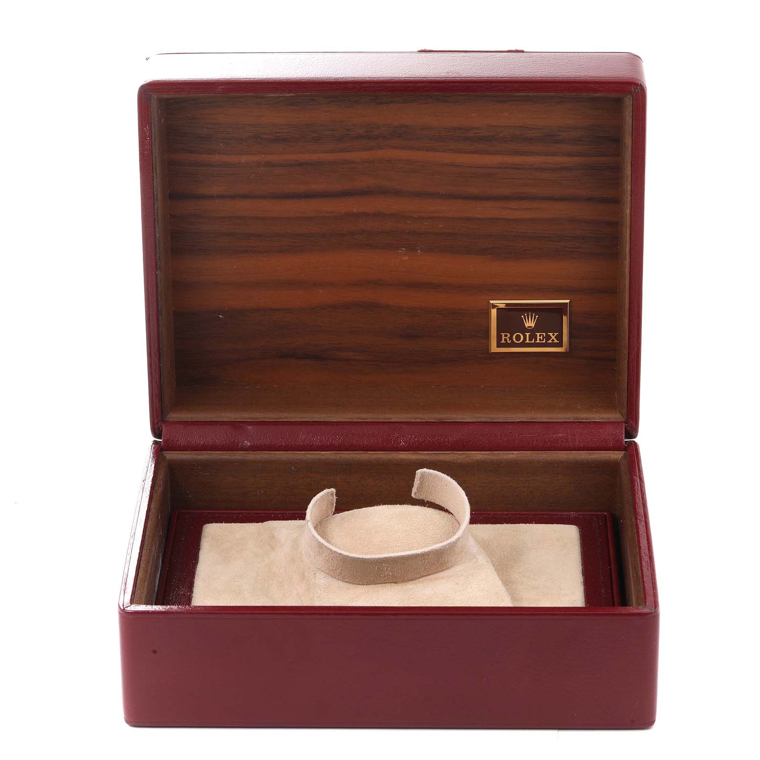 The image shows an open Rolex President 18238 Men
s Yellow Gold Champagne Dial 18238 Men
s Yellow Gold Champagne Dial model watch box, revealing the interior cushion and a branded plaque.