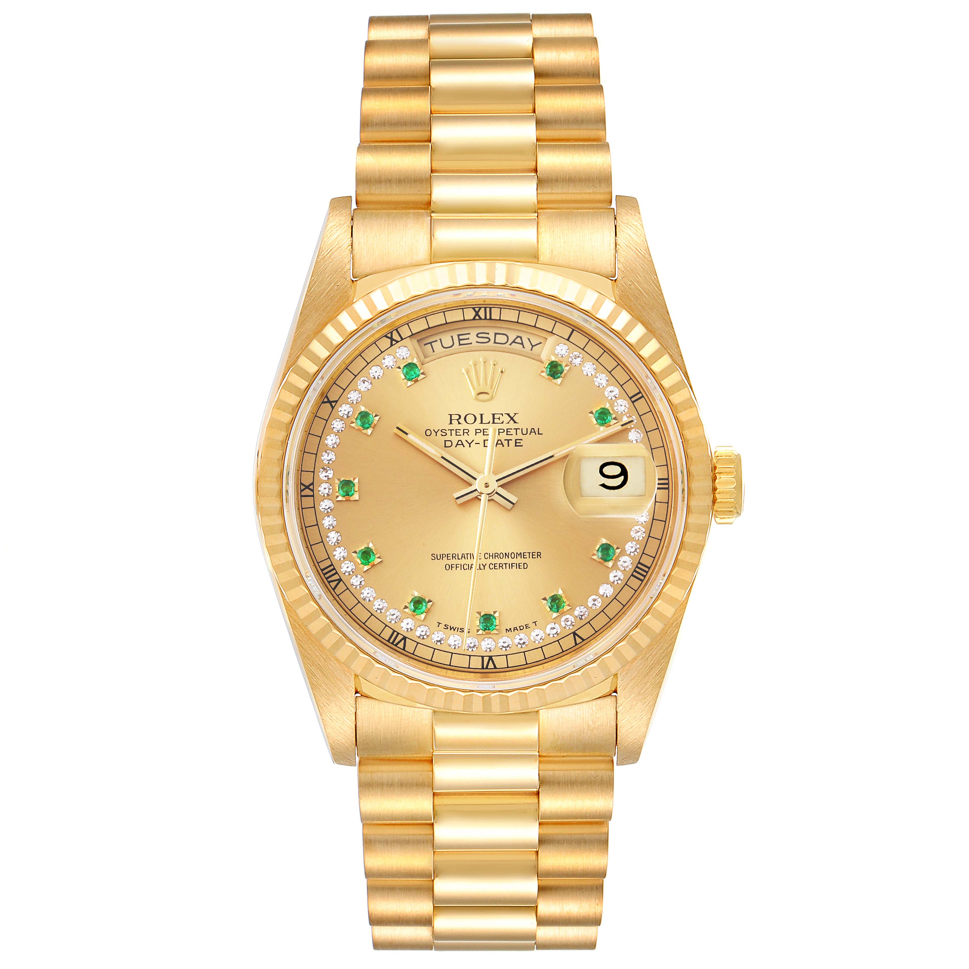 The image shows a front view of a Rolex President 18238 Men
s Yellow Gold Champagne Dial 18238 Men
s Yellow Gold Champagne Dial model watch featuring a gold bracelet, gold dial, date window, and day display.