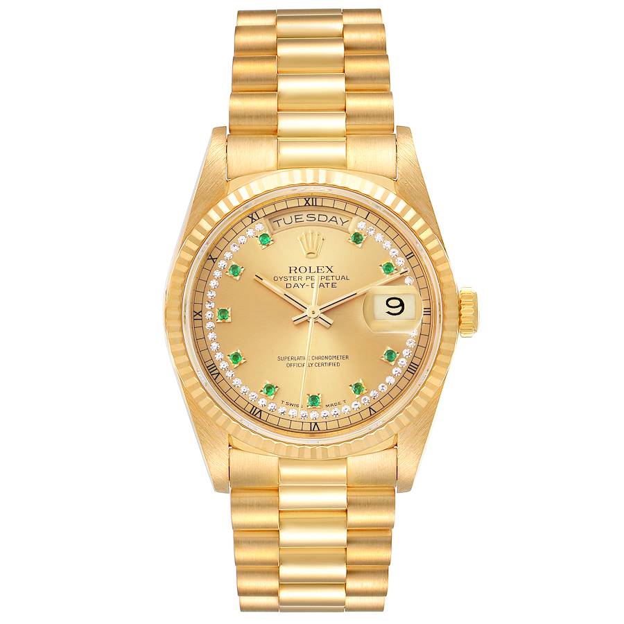 Rolex President Day Date Yellow Gold String Diamond Emerald Dial