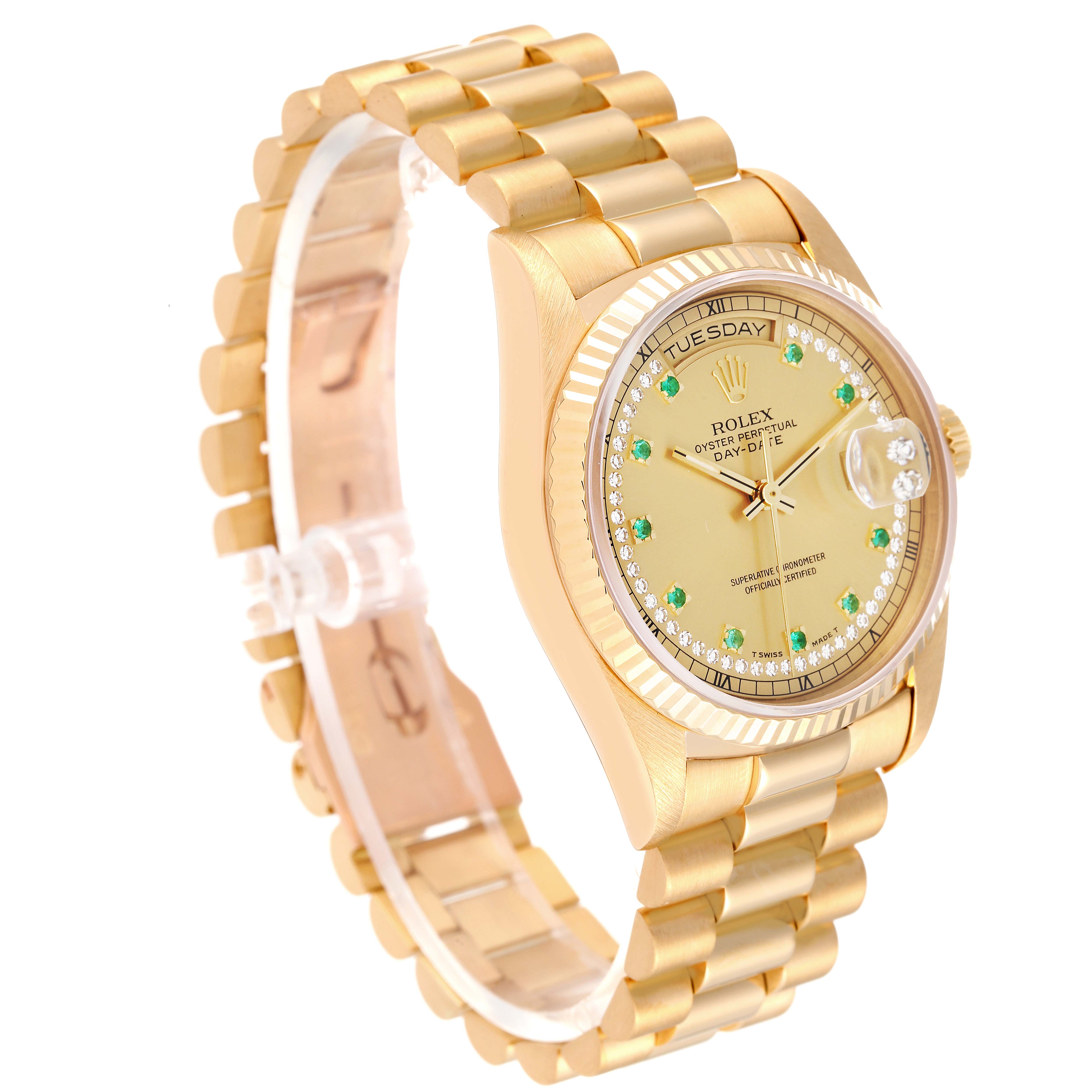 This image shows a Rolex President 18238 Men
s Yellow Gold Champagne Dial 18238 Men
s Yellow Gold Champagne Dial model watch from an angled top-side view, highlighting its gold strap, dial, and bezel.