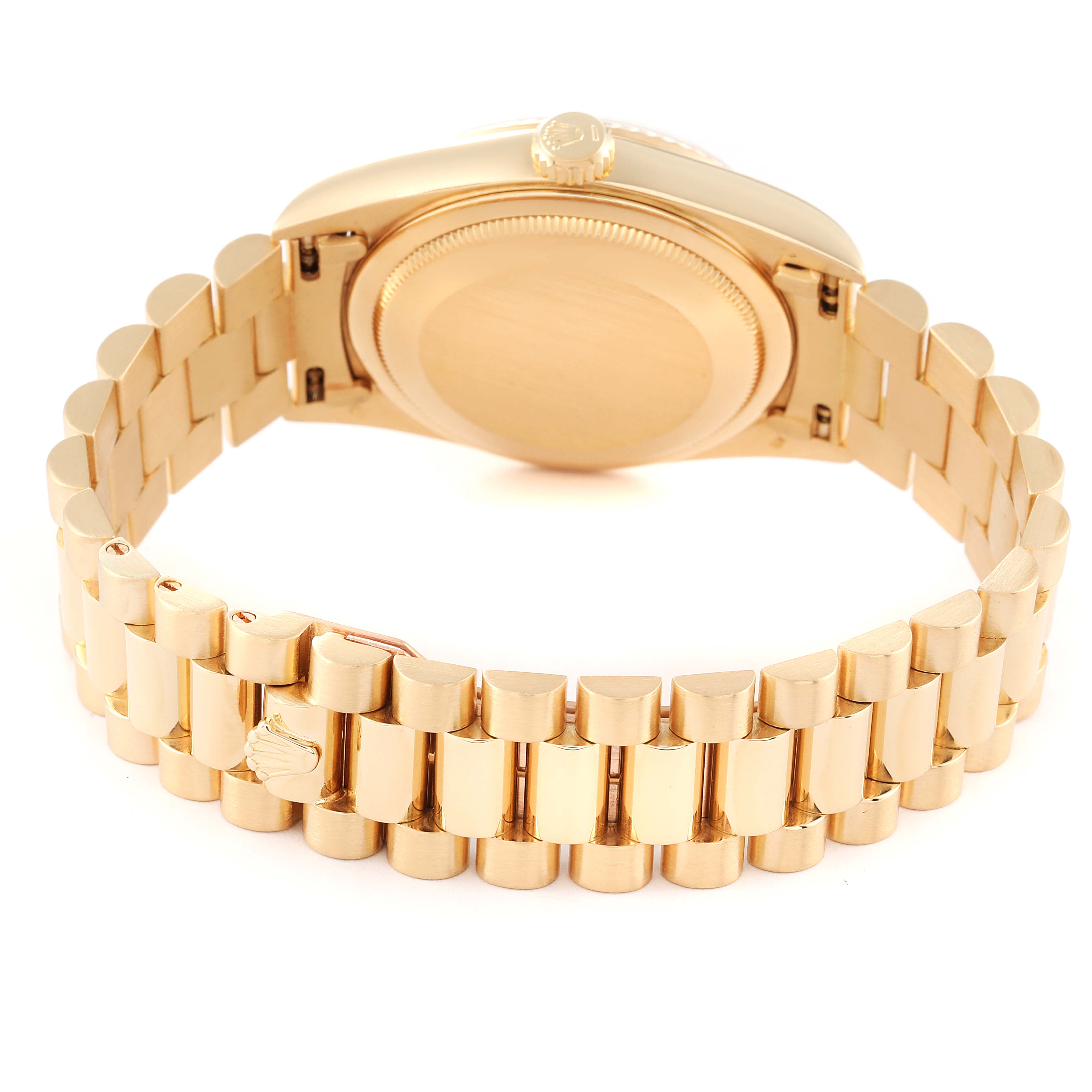 This image shows the back case and bracelet of a Rolex President 18238 Men
s Yellow Gold Champagne Dial 18238 Men
s Yellow Gold Champagne Dial model watch, viewed from the rear.