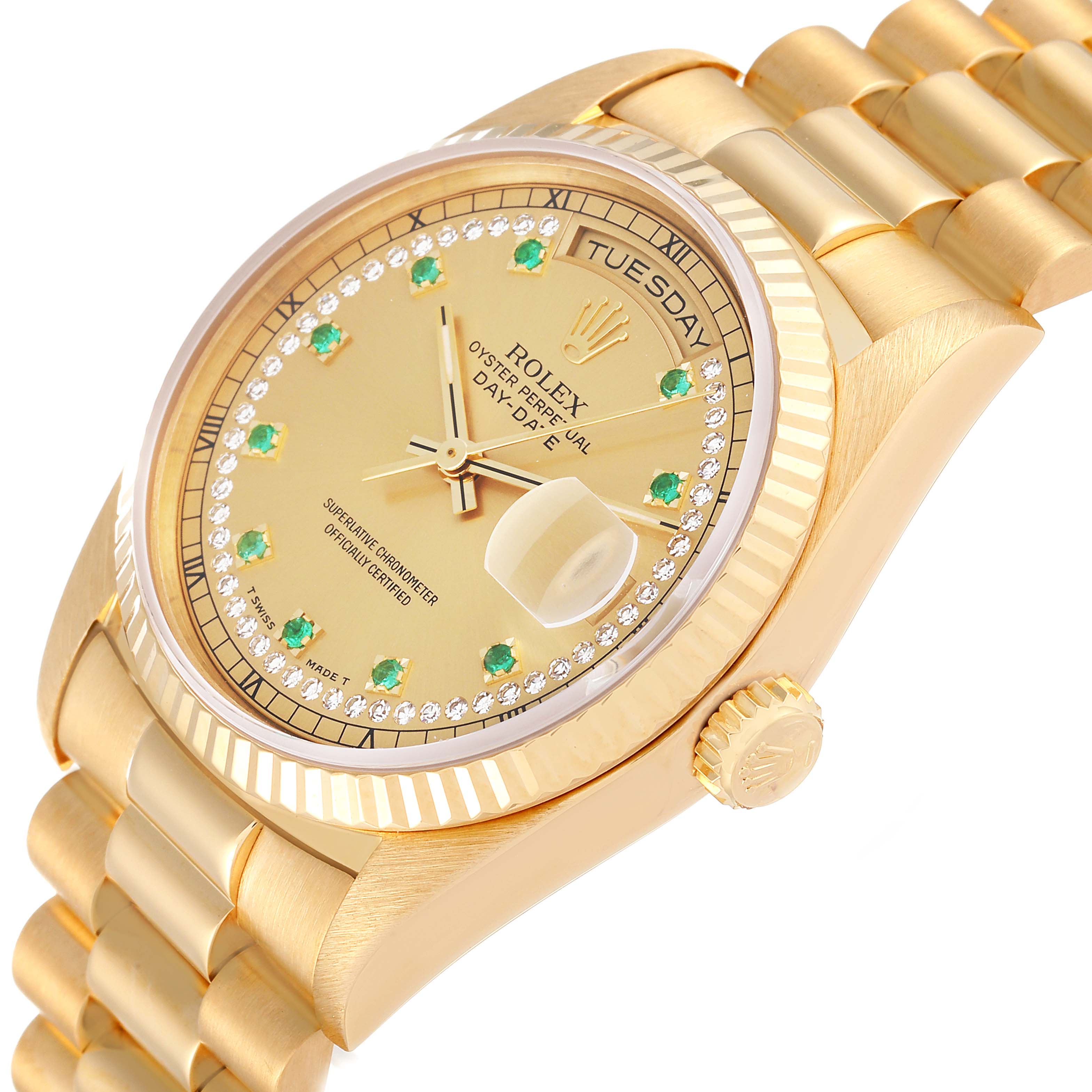 The image shows a side and front angle of the Rolex President 18238 Men
s Yellow Gold Champagne Dial 18238 Men
s Yellow Gold Champagne Dial model, displaying its dial, crown, and bracelet.