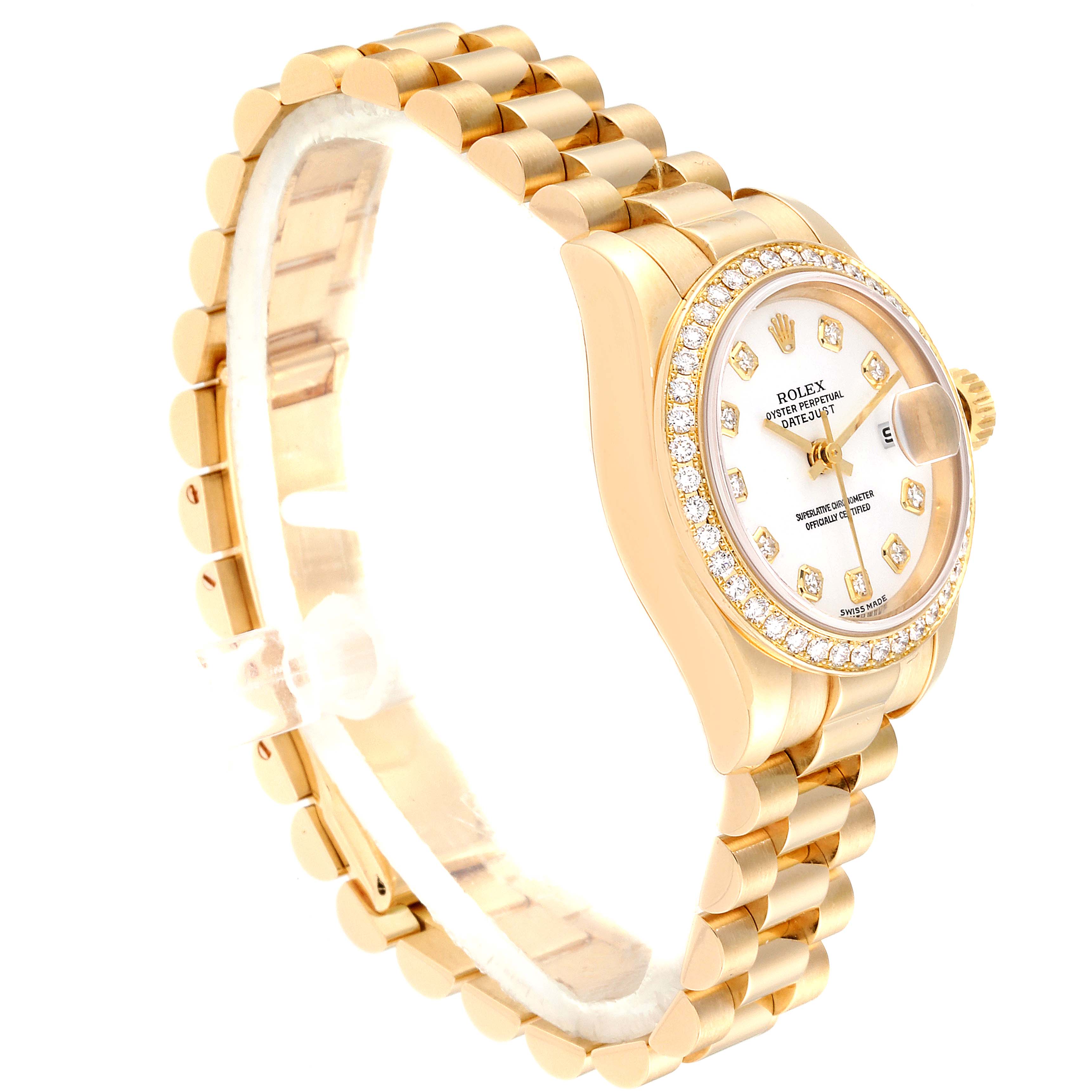 The Rolex President 179138 Women
s Yellow Gold White Dial 179138 Women
s Yellow Gold White Dial model watch is shown at a 3/4 angle, highlighting its gold band, diamond-encrusted bezel, and dial.
