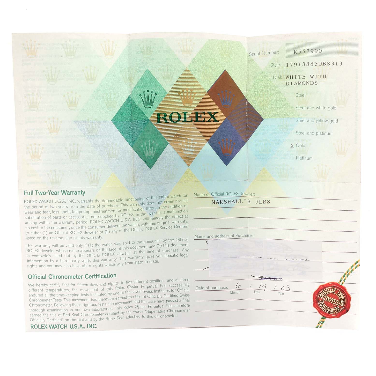 The image shows the warranty and certification card for a Rolex President 179138 Women
s Yellow Gold White Dial 179138 Women
s Yellow Gold White Dial model watch, including the serial number, style, and material details.