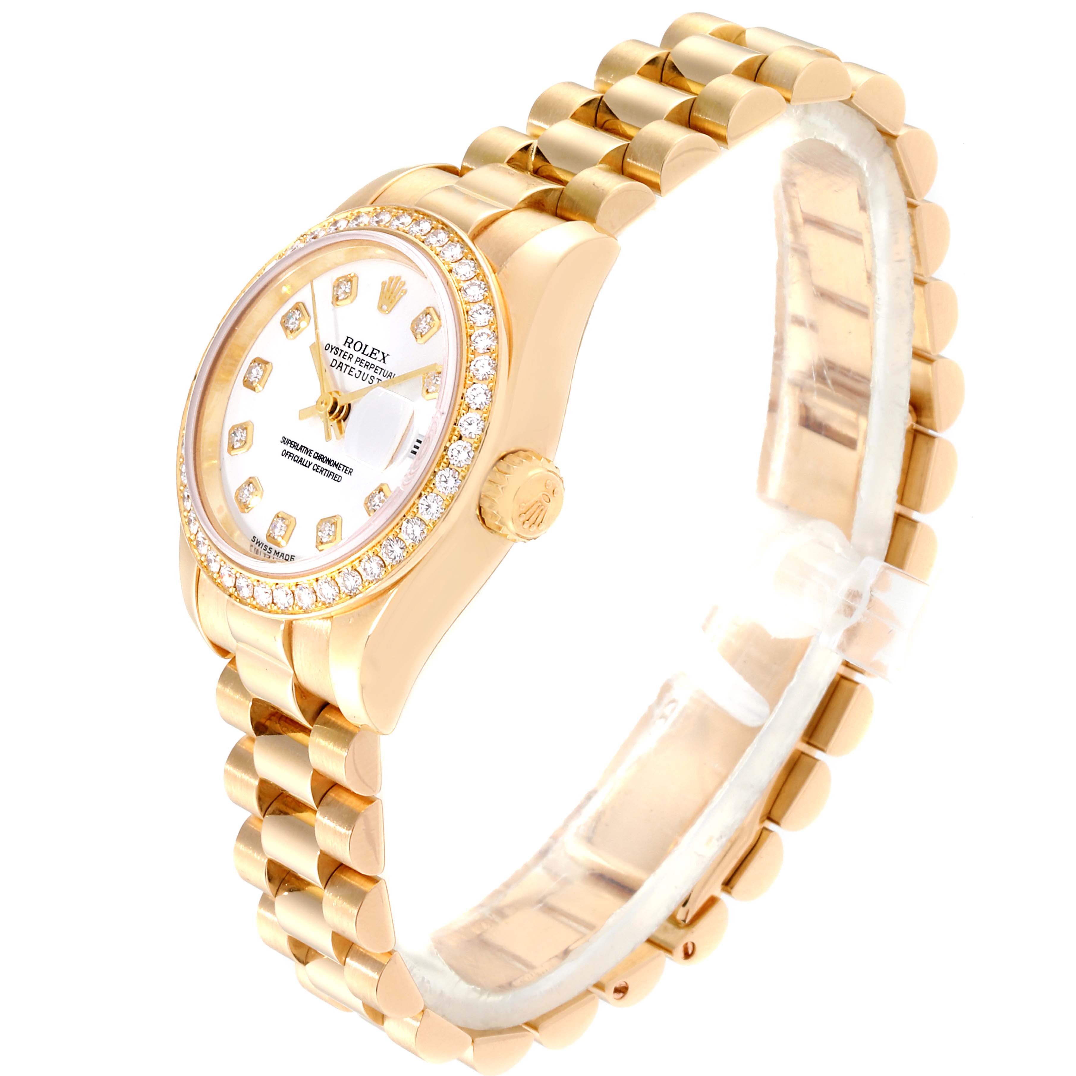 The Rolex President 179138 Women
s Yellow Gold White Dial 179138 Women
s Yellow Gold White Dial model is shown at a three-quarter angle, displaying its diamond bezel, white dial, and gold bracelet.