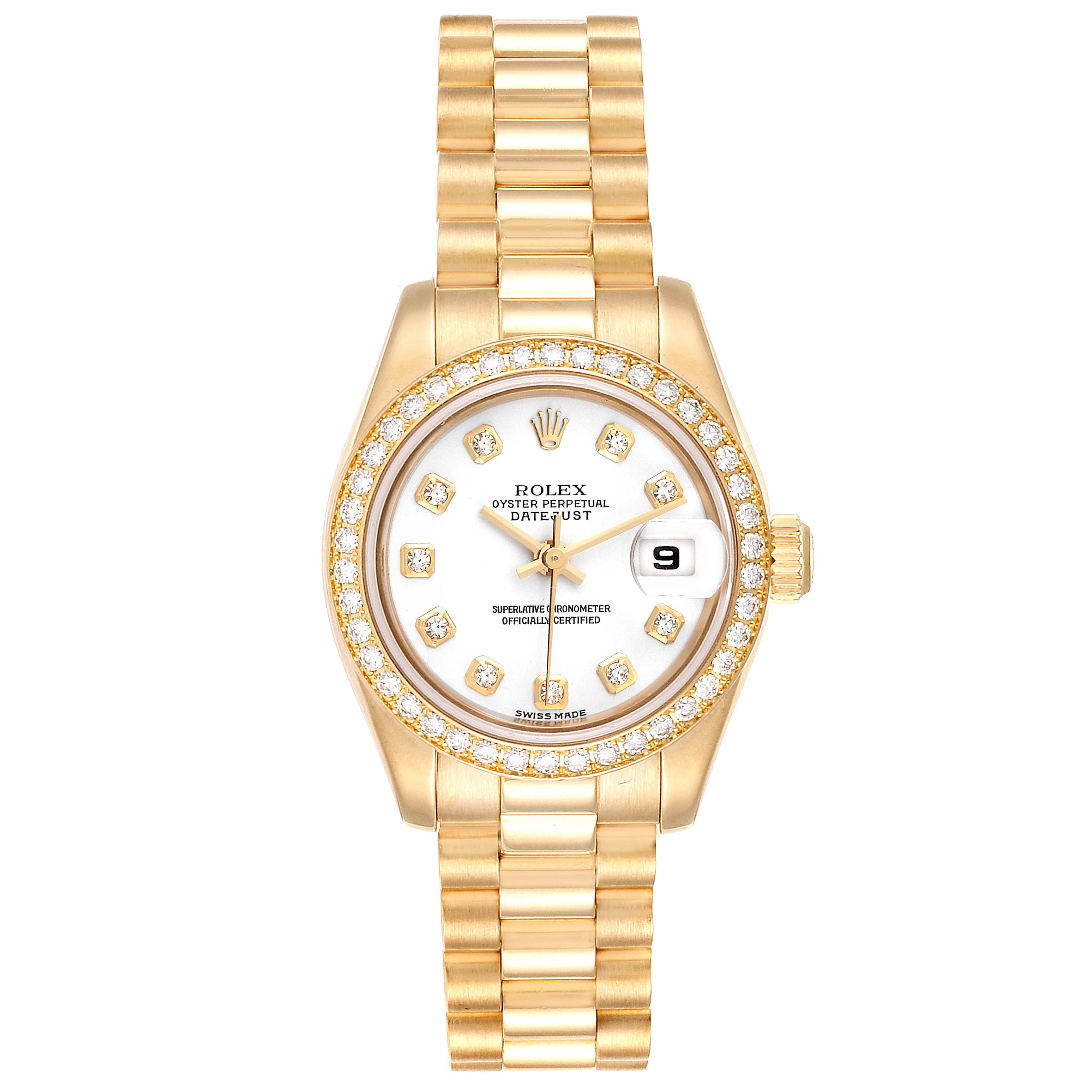 The image shows a frontal view of a Rolex President 179138 Women
s Yellow Gold White Dial 179138 Women
s Yellow Gold White Dial model watch, displaying its face, bezel, and band.