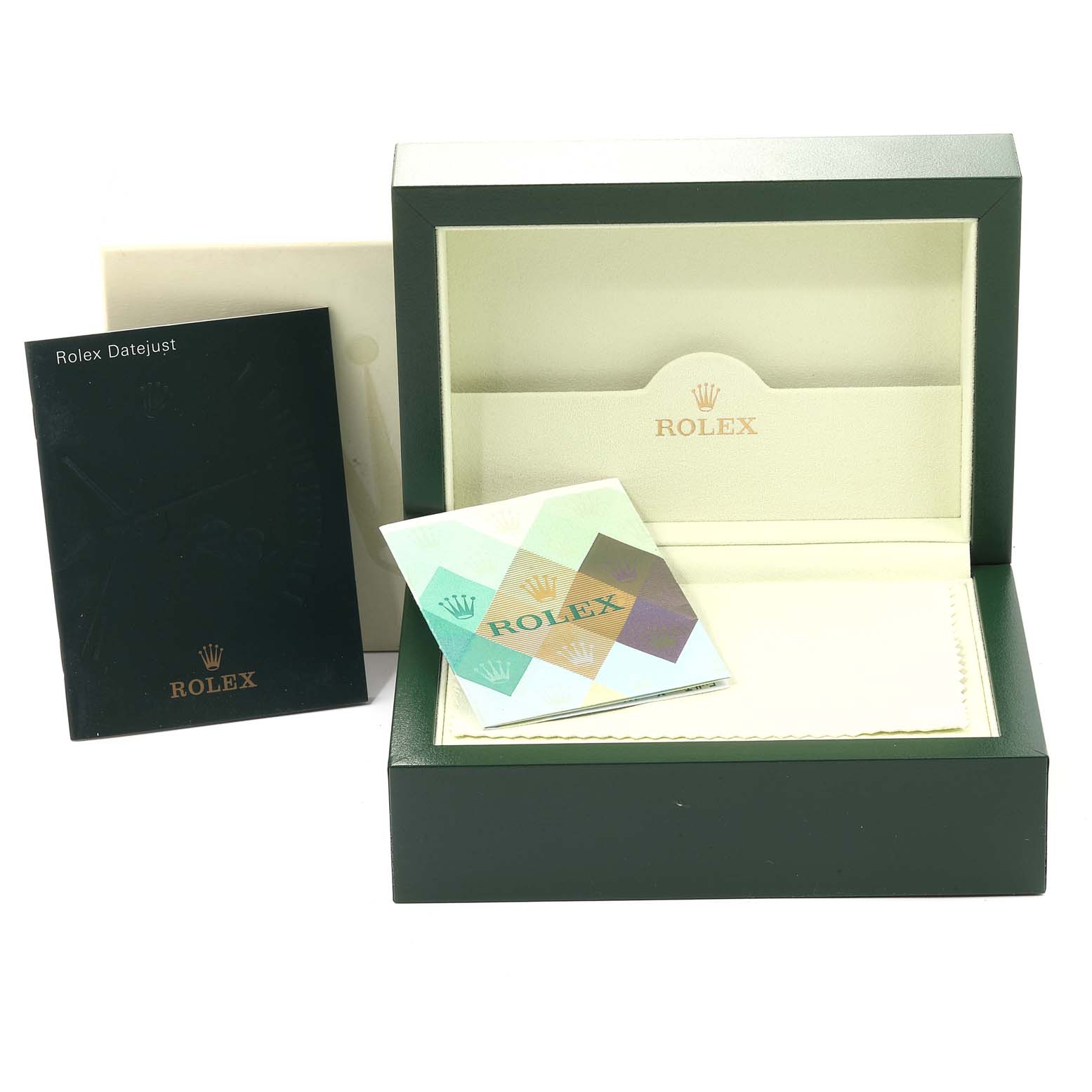 The image shows the packaging and accessories for a Rolex President 179138 Women
s Yellow Gold White Dial 179138 Women
s Yellow Gold White Dial watch, including the box, booklets, and warranty card.