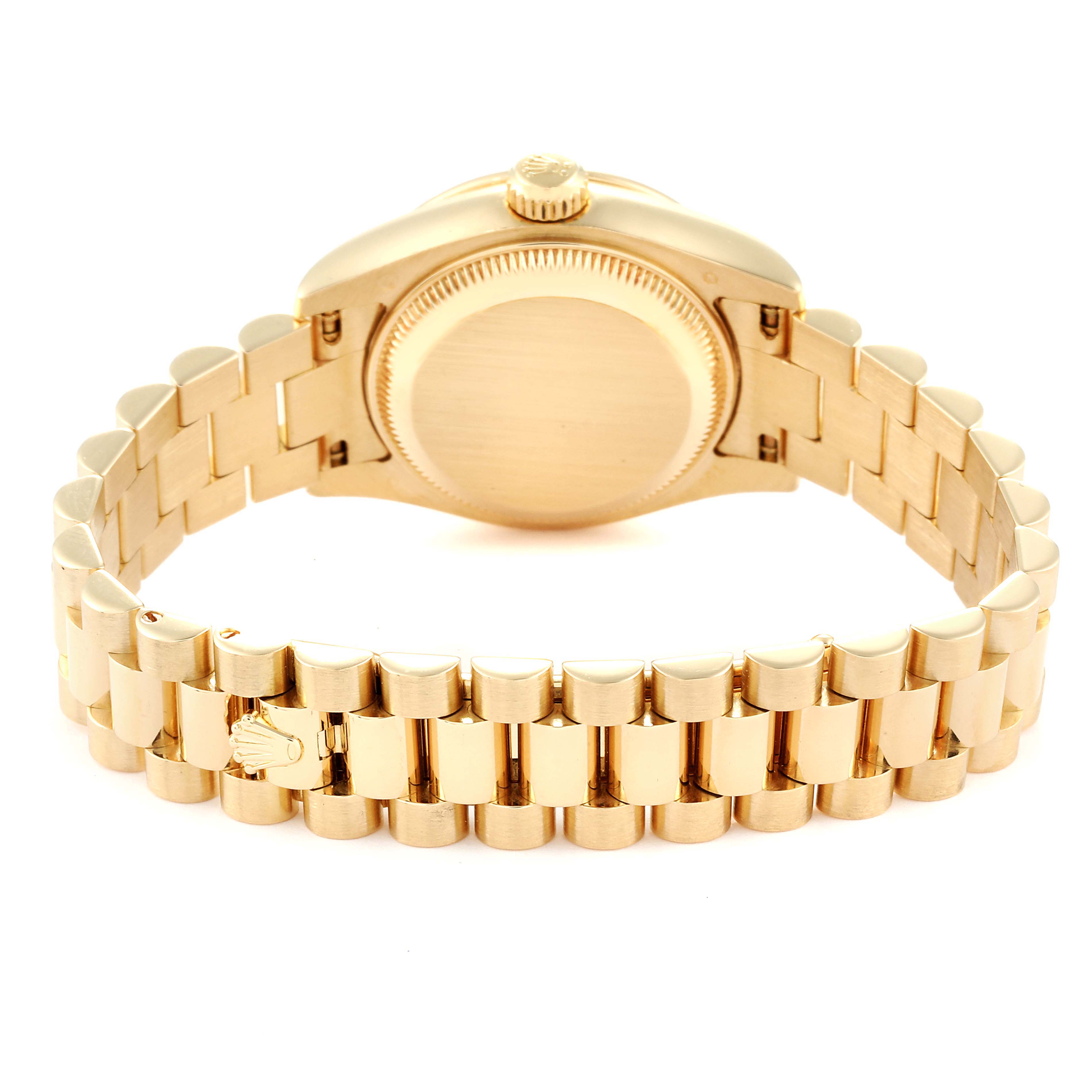 This image shows the back view of a Rolex President 179138 Women
s Yellow Gold White Dial 179138 Women
s Yellow Gold White Dial model watch, highlighting the case back and bracelet.