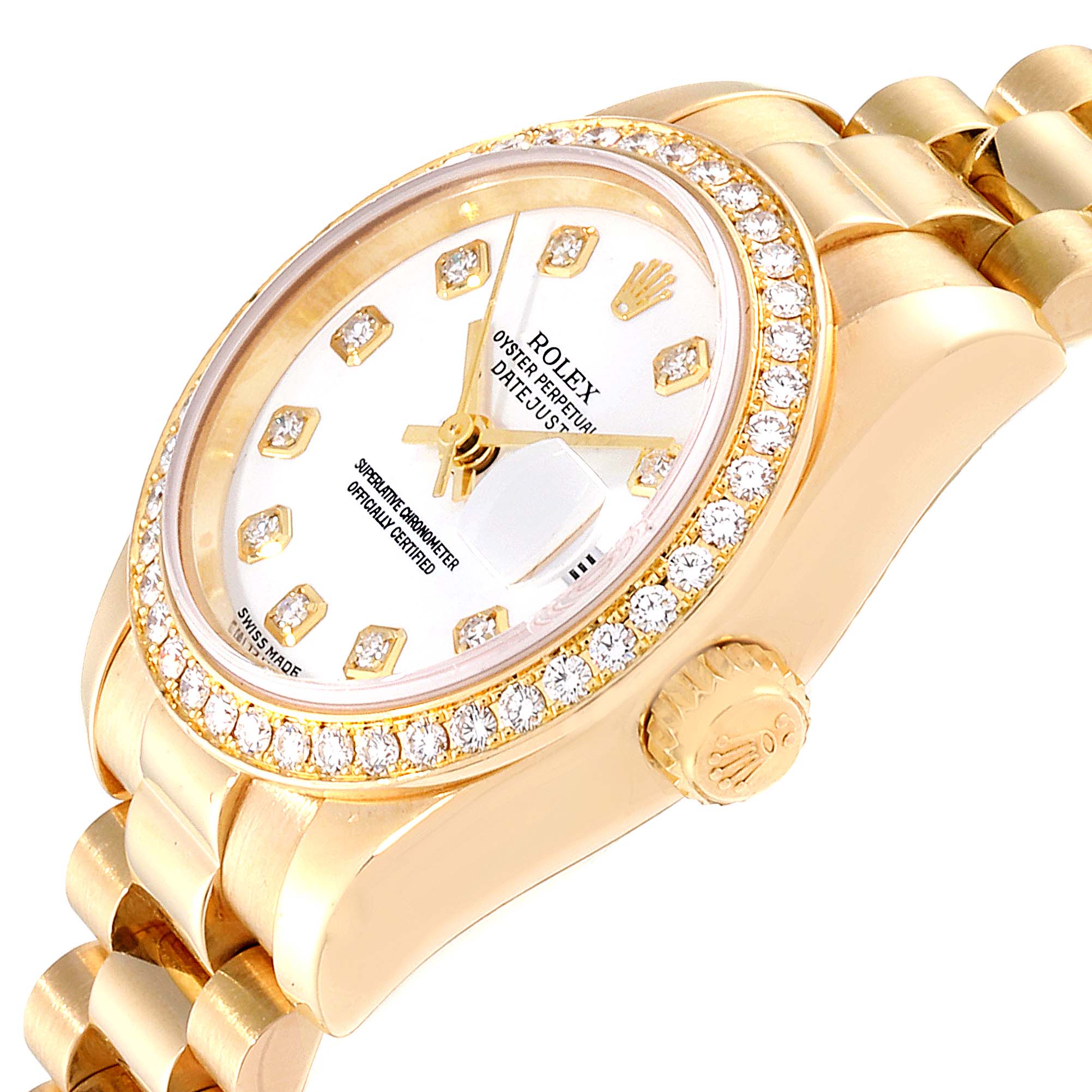 This image shows a Rolex President 179138 Women
s Yellow Gold White Dial 179138 Women
s Yellow Gold White Dial model watch angled to display the dial, crown, and bracelet partially.