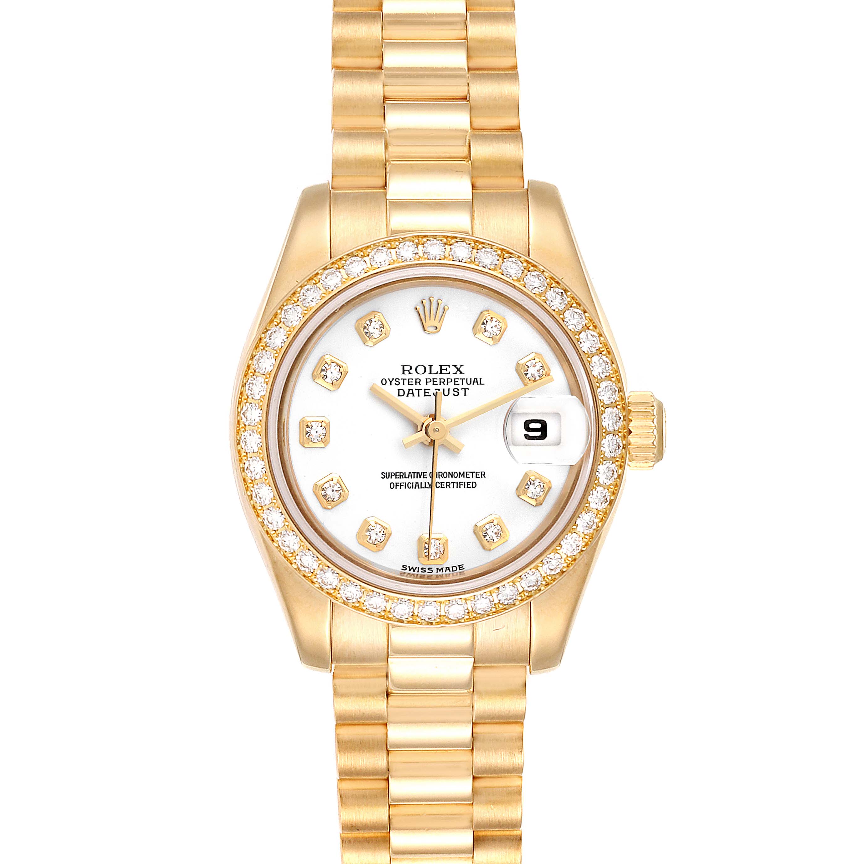 This image shows a Rolex President 179138 Women
s Yellow Gold White Dial 179138 Women
s Yellow Gold White Dial model watch from a front angle, displaying its face, bezel, and bracelet.