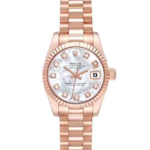 Photo of Rolex President Rose Gold Mother of Pearl Diamond Dial Ladies Watch 179175 Box Card