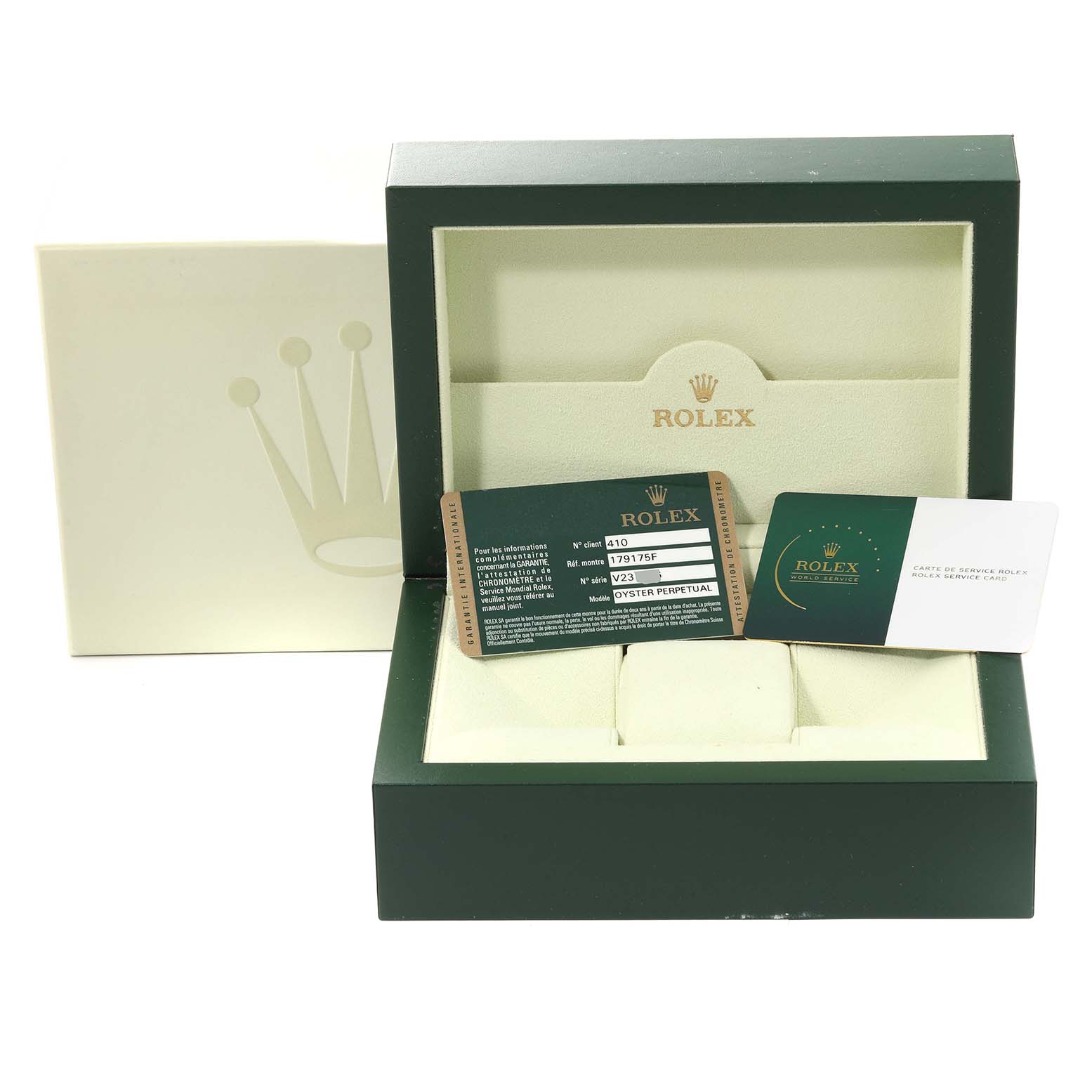 The image shows the packaging and warranty cards for a Rolex President 179175F Women's Rose Gold Mother of Pearl Dial 179175F Women's Rose Gold Mother of Pearl Dial model watch.