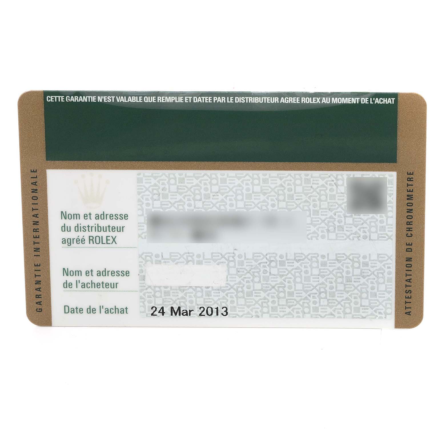 This is an international guarantee card for a Rolex President 179175F Women's Rose Gold Mother of Pearl Dial 179175F Women's Rose Gold Mother of Pearl Dial model watch, showing the date of purchase and dealer information.