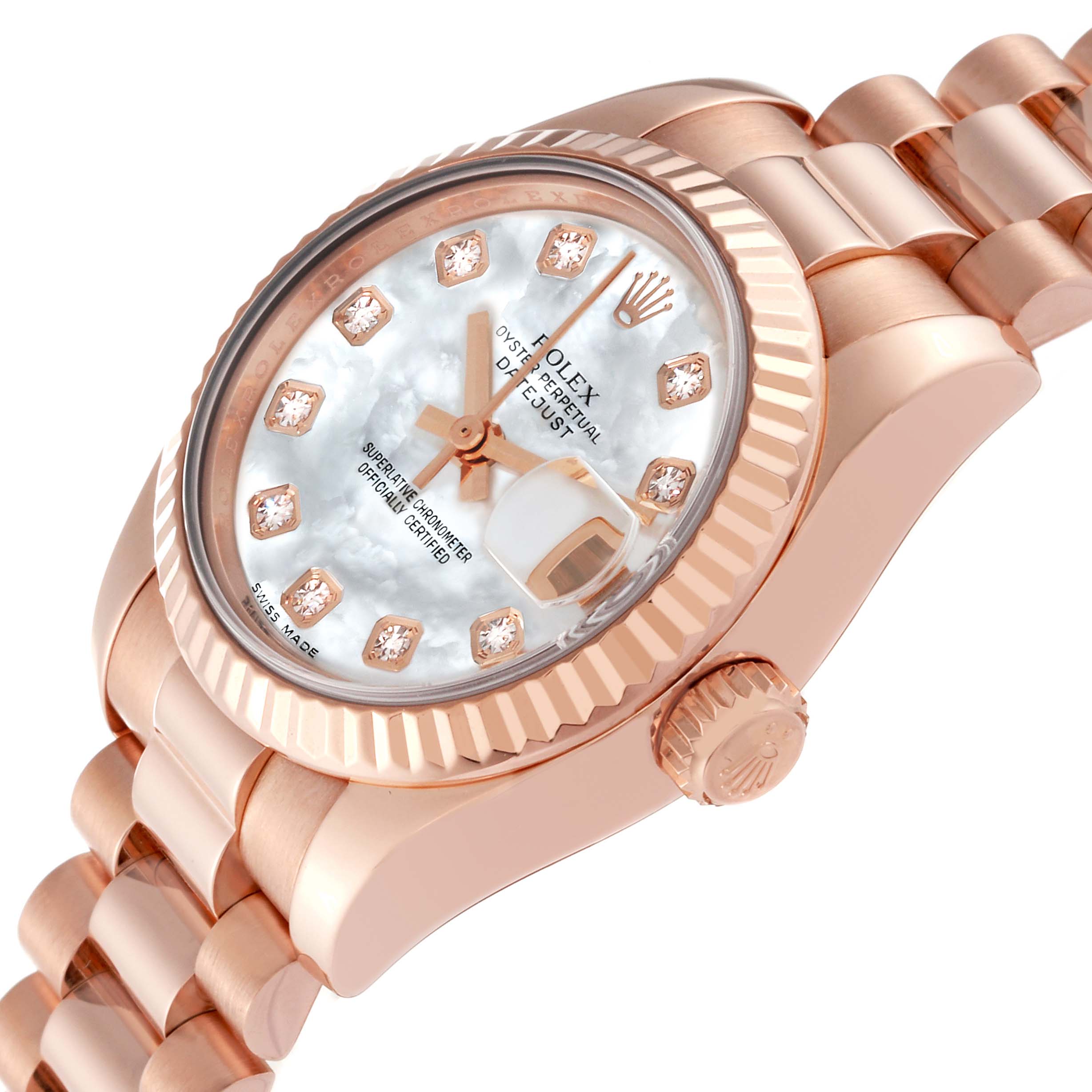 The image shows a close-up view of a Rolex President 179175F Women's Rose Gold Mother of Pearl Dial 179175F Women's Rose Gold Mother of Pearl Dial watch at a three-quarter angle, highlighting the watch face, bezel, and part of the band.