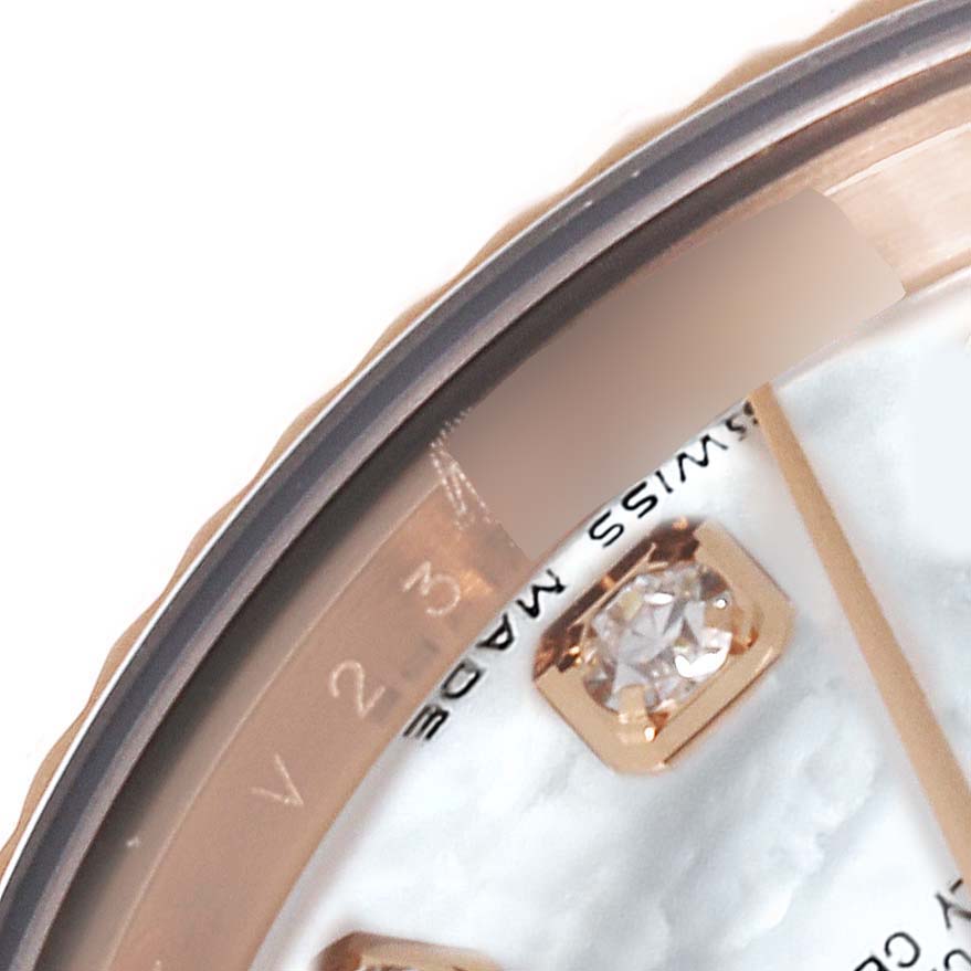 The close-up image shows the bezel and a diamond hour marker of the Rolex President 179175F Women's Rose Gold Mother of Pearl Dial 179175F Women's Rose Gold Mother of Pearl Dial model watch.
