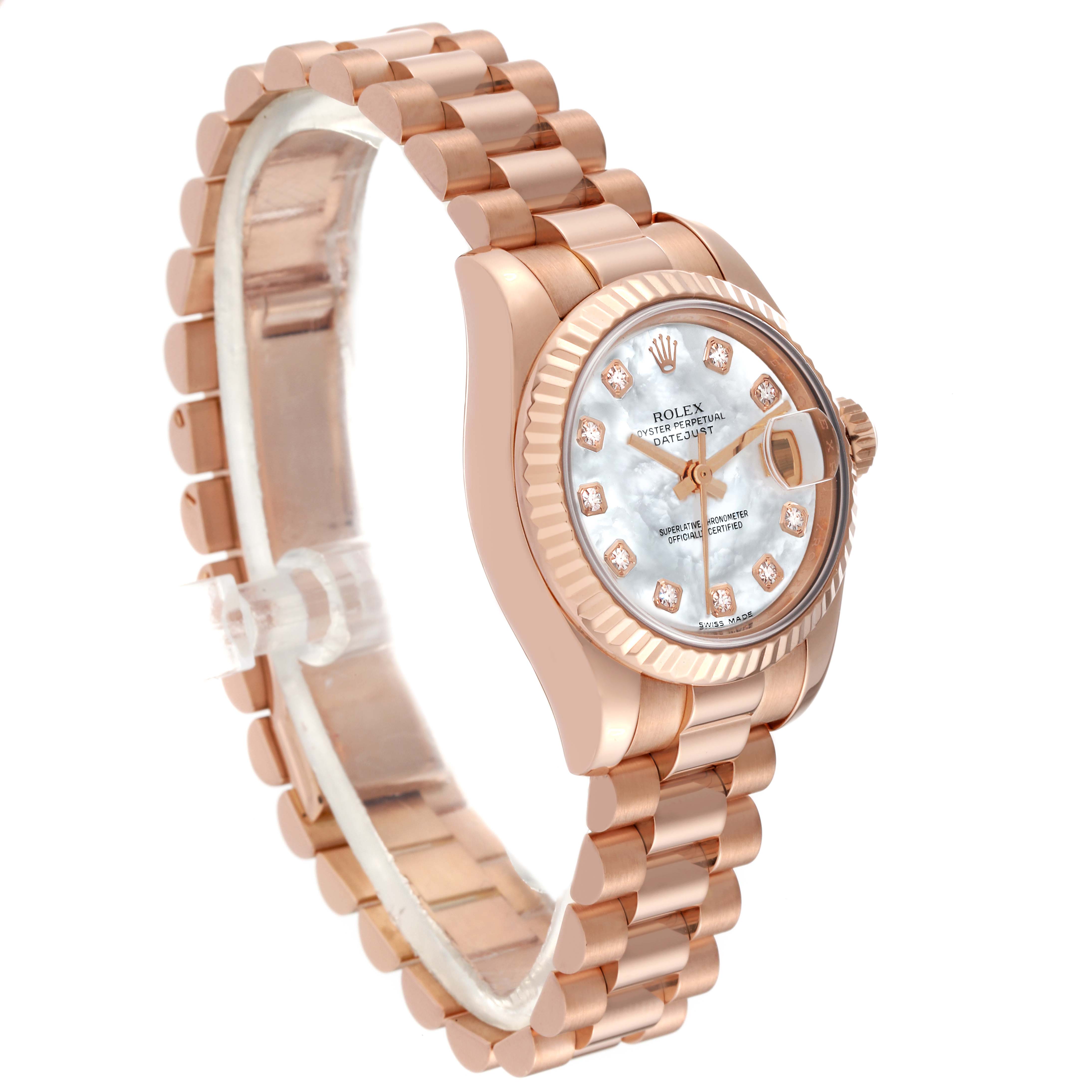 The image shows a side angle of a Rolex President 179175F Women's Rose Gold Mother of Pearl Dial 179175F Women's Rose Gold Mother of Pearl Dial model watch, highlighting the bracelet, case, and face.