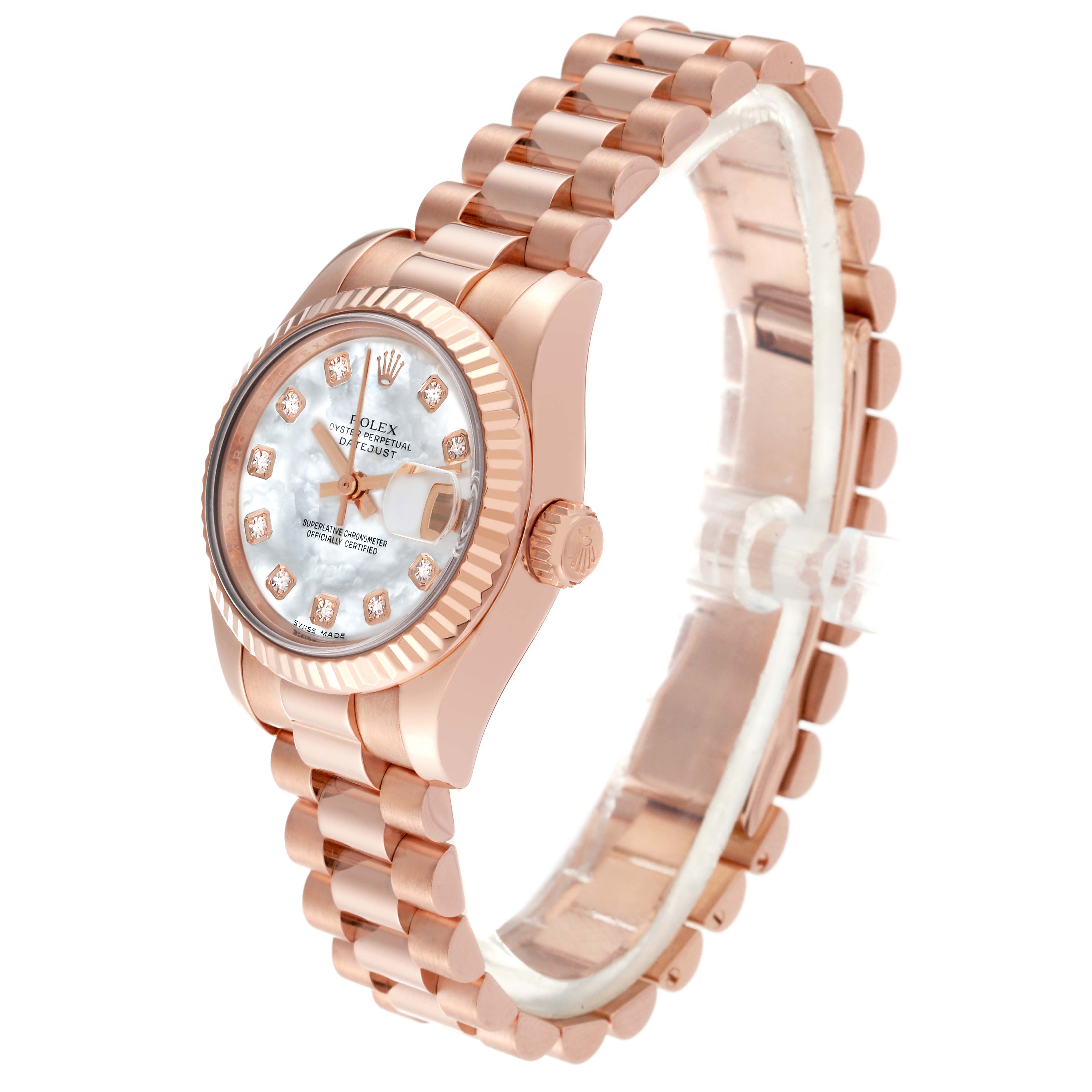 The image shows a side-angle view of a Rolex President 179175F Women's Rose Gold Mother of Pearl Dial 179175F Women's Rose Gold Mother of Pearl Dial model watch, displaying its face, bezel, crown, and band.