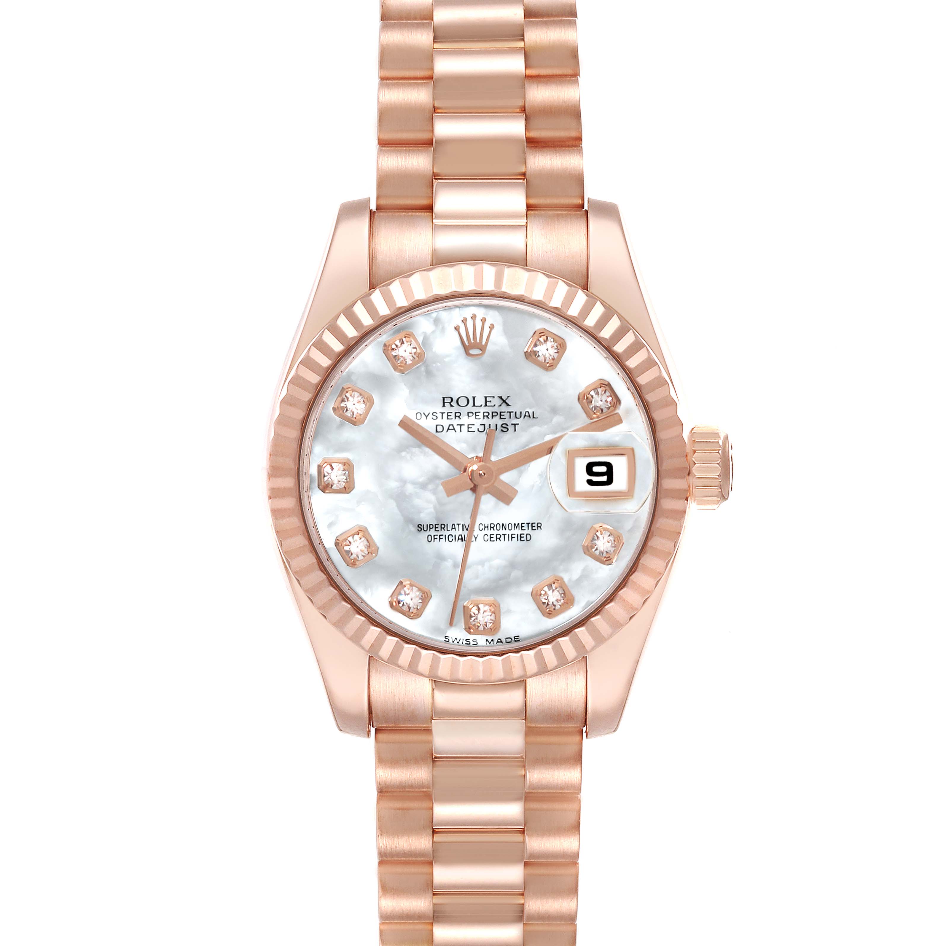 The Rolex President 179175F Women's Rose Gold Mother of Pearl Dial 179175F Women's Rose Gold Mother of Pearl Dial model watch is shown from a top view, displaying its face, hour markers, and bracelet.