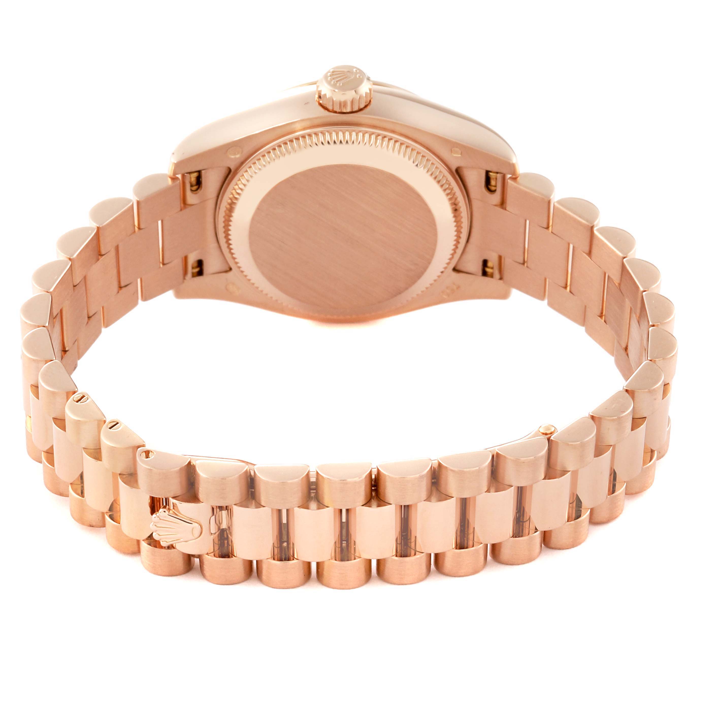 This image shows the back view of a Rolex President 179175F Women's Rose Gold Mother of Pearl Dial 179175F Women's Rose Gold Mother of Pearl Dial model watch, highlighting its bracelet and case back.