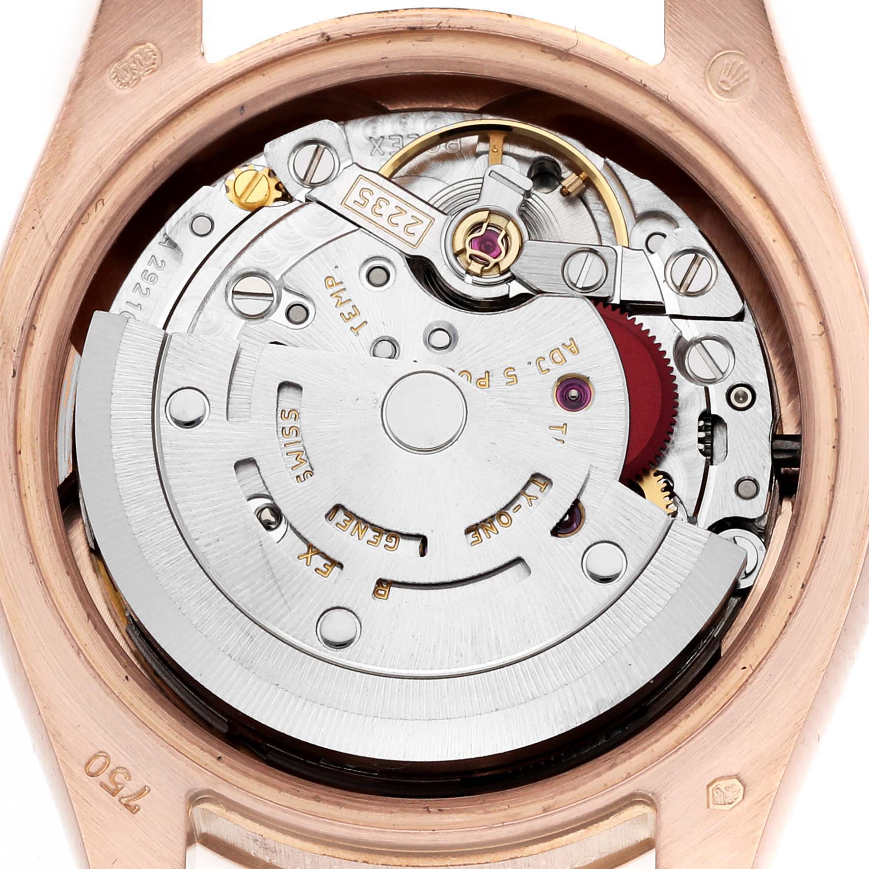 The image shows a close-up view of the internal movement mechanism of a Rolex President 179175F Women's Rose Gold Mother of Pearl Dial 179175F Women's Rose Gold Mother of Pearl Dial model watch.