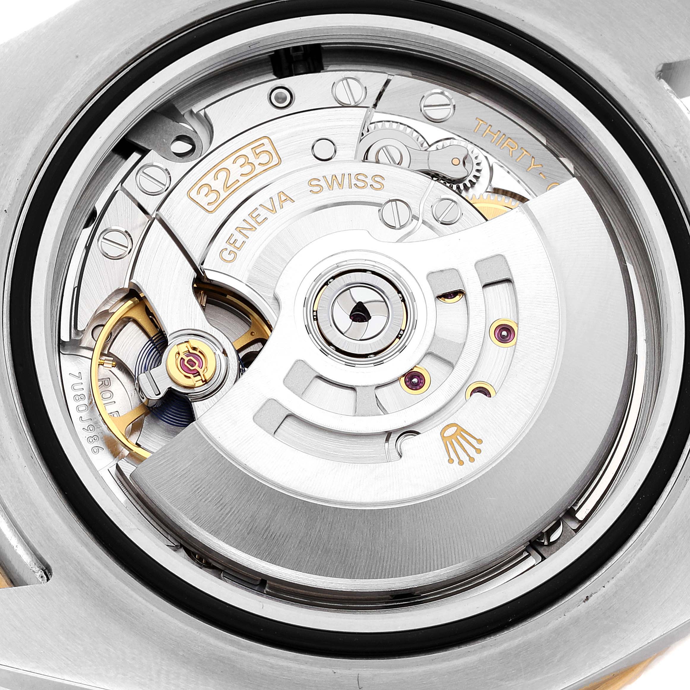 The image shows the inner mechanical movement of the Rolex Sea-Dweller 126603 Men's Steel and Gold (two tone) Black Dial 126603 Men's Steel and Gold (two tone) Black Dial watch, specifically the 3235 caliber from a close-up angle.