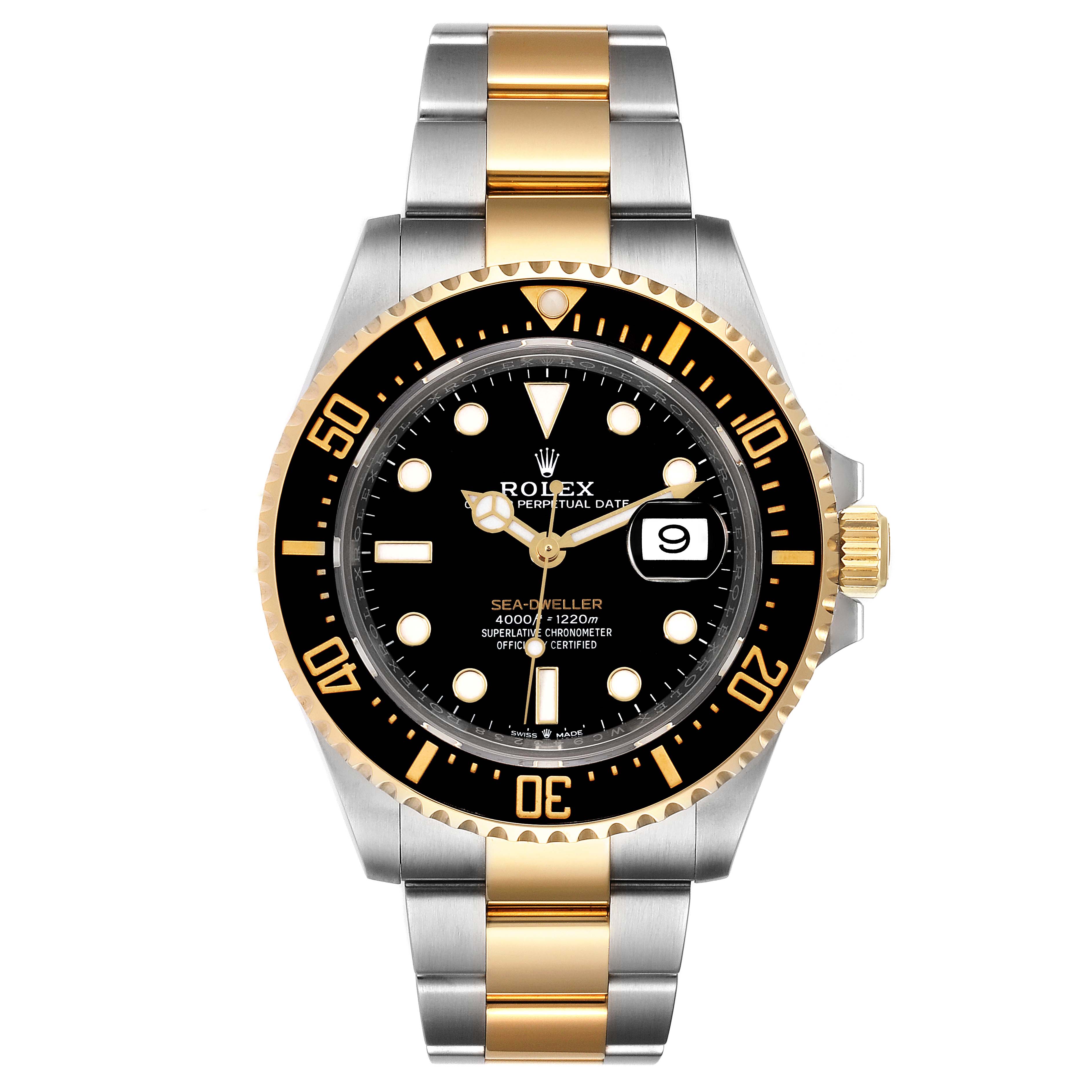 This image shows a front view of the Rolex Sea-Dweller 126603 Men's Steel and Gold (two tone) Black Dial 126603 Men's Steel and Gold (two tone) Black Dial watch, displaying the dial, bezel, and bracelet.