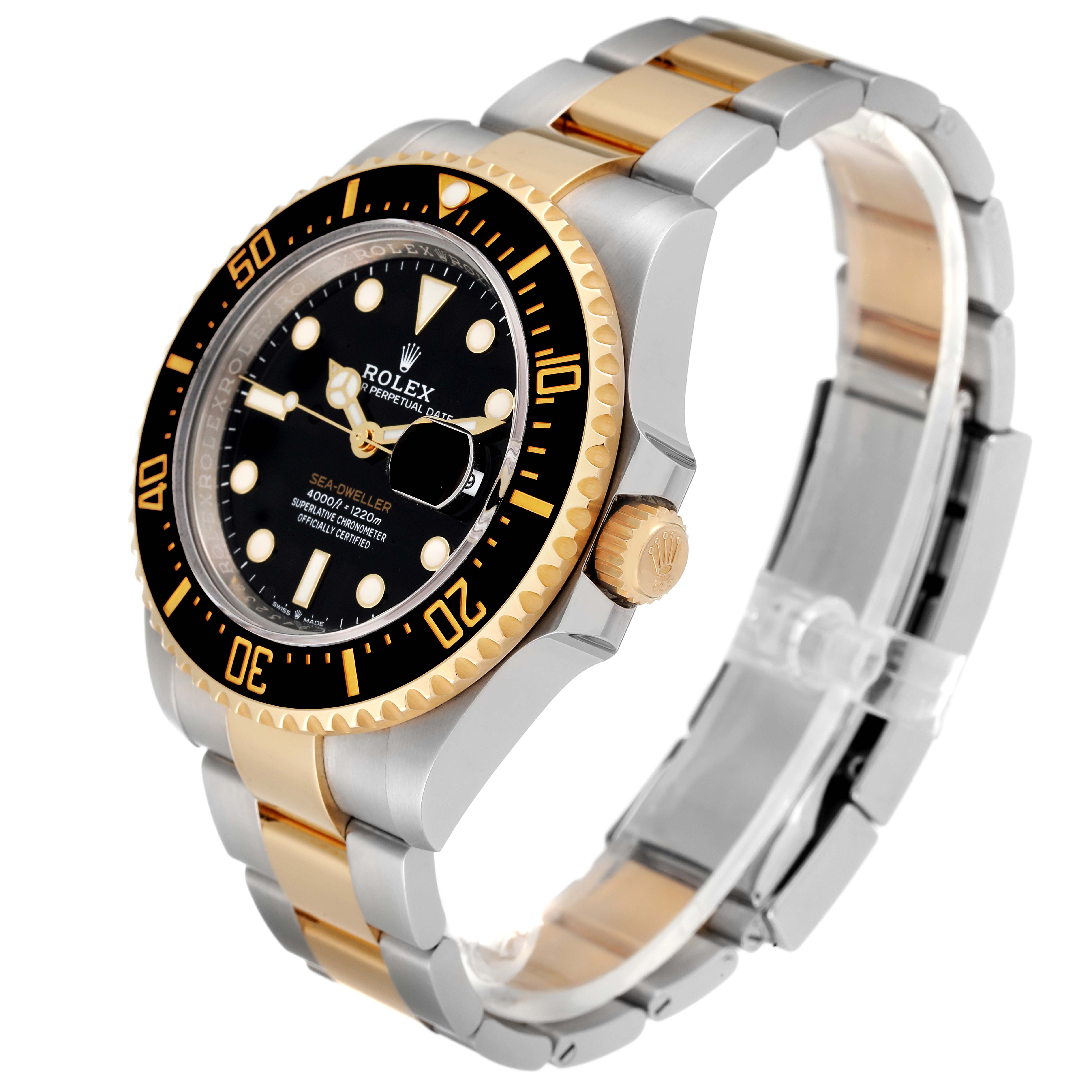 The image shows a side and frontal view of a Rolex Sea-Dweller 126603 Men's Steel and Gold (two tone) Black Dial 126603 Men's Steel and Gold (two tone) Black Dial watch, highlighting its two-tone metal bracelet, black dial, and gold bezel.