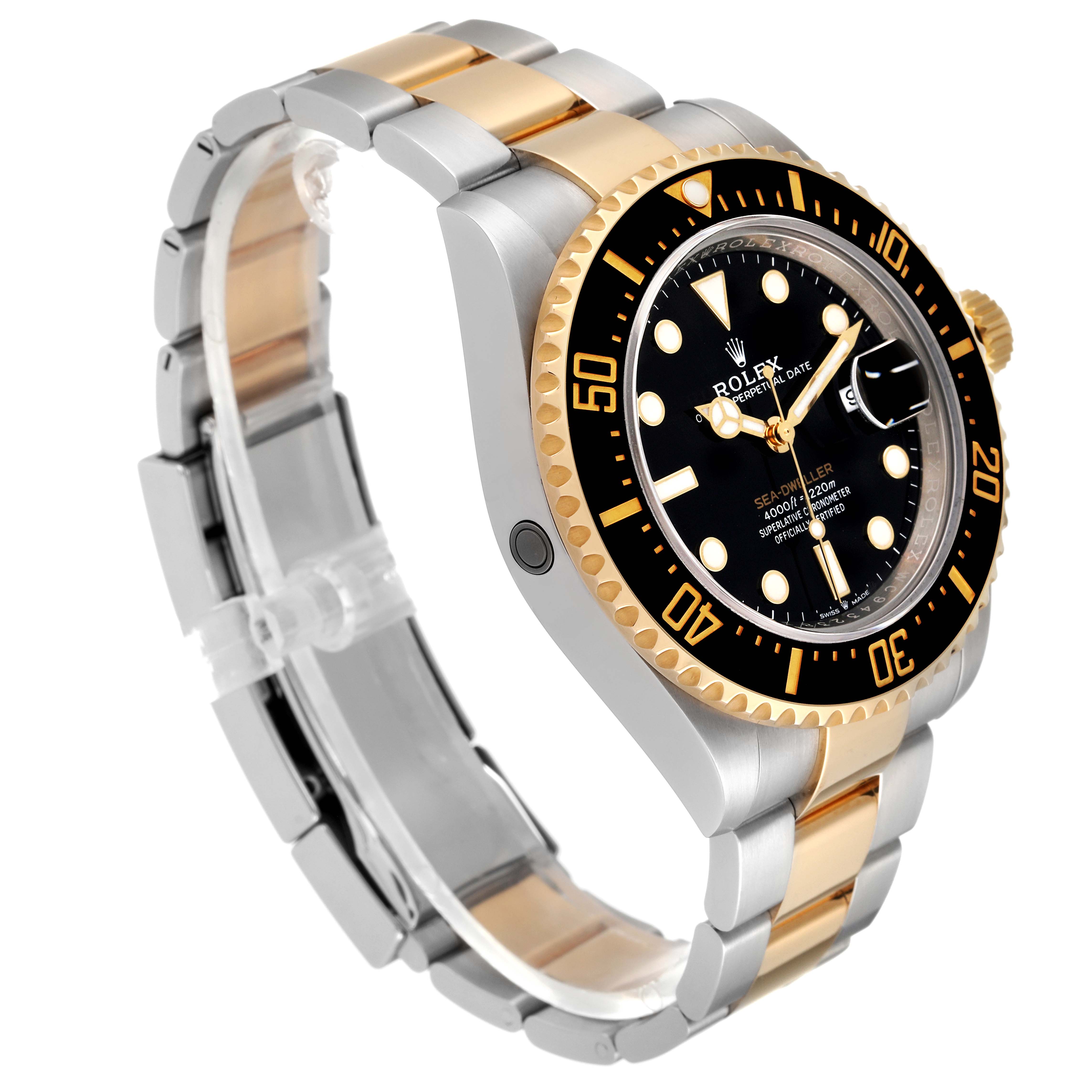 The Rolex Sea-Dweller 126603 Men's Steel and Gold (two tone) Black Dial 126603 Men's Steel and Gold (two tone) Black Dial watch is shown at a three-quarter angle, displaying its two-tone bracelet, bezel, and face with date window.