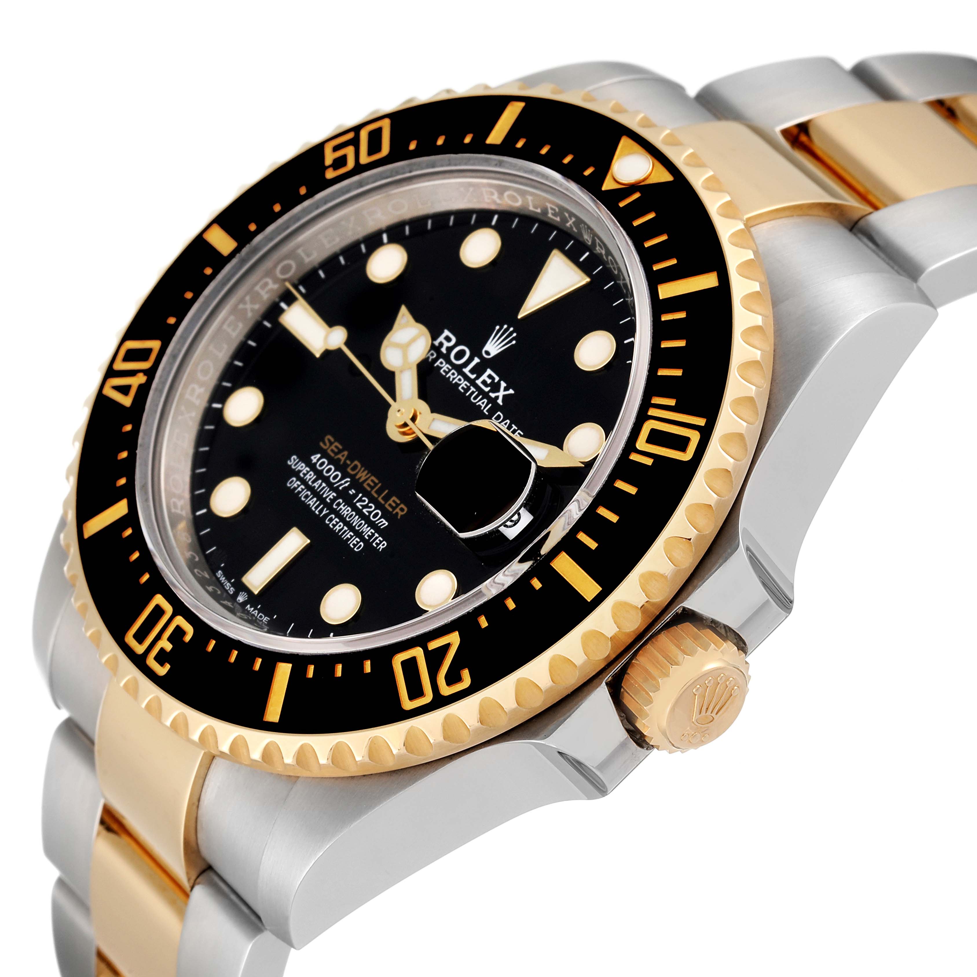 This image shows a side angle of a Rolex Sea-Dweller 126603 Men's Steel and Gold (two tone) Black Dial 126603 Men's Steel and Gold (two tone) Black Dial watch, highlighting the bezel, dial, hands, crown, and part of the bracelet.