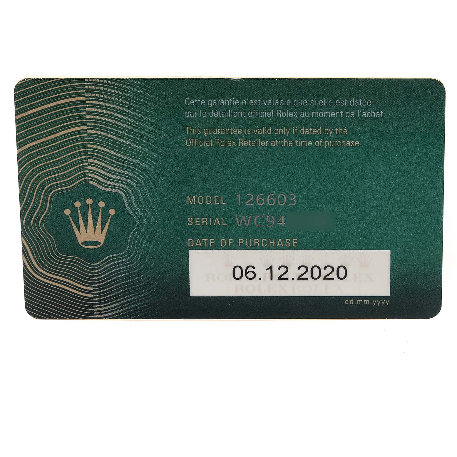 This image shows the warranty card for a Rolex Sea-Dweller 126603 Men's Steel and Gold (two tone) Black Dial 126603 Men's Steel and Gold (two tone) Black Dial model 126603, including the serial number and date of purchase.