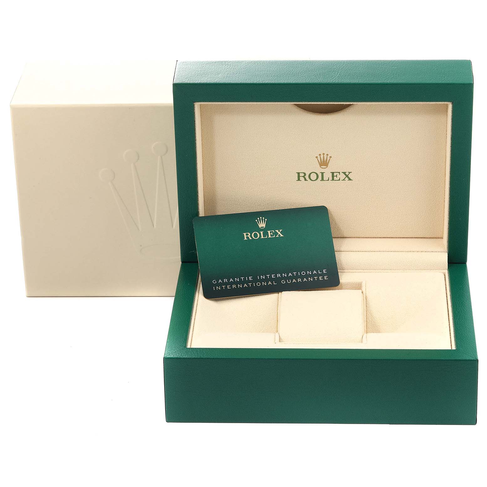 The image shows an empty Rolex Sea-Dweller 126603 Men's Steel and Gold (two tone) Black Dial 126603 Men's Steel and Gold (two tone) Black Dial watch box and a guarantee card placed inside.