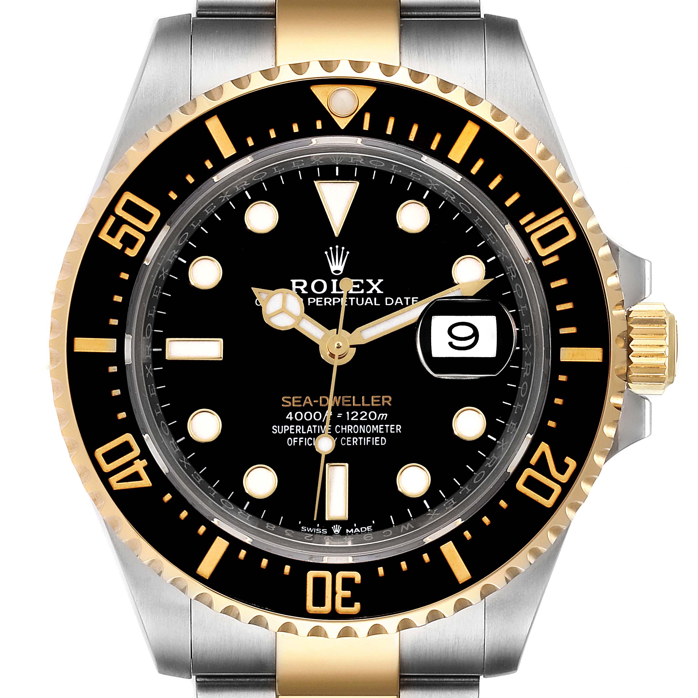 The image shows a frontal view of the Rolex Sea-Dweller 126603 Men's Steel and Gold (two tone) Black Dial 126603 Men's Steel and Gold (two tone) Black Dial watch, highlighting its black and gold bezel, dial, and bracelet.