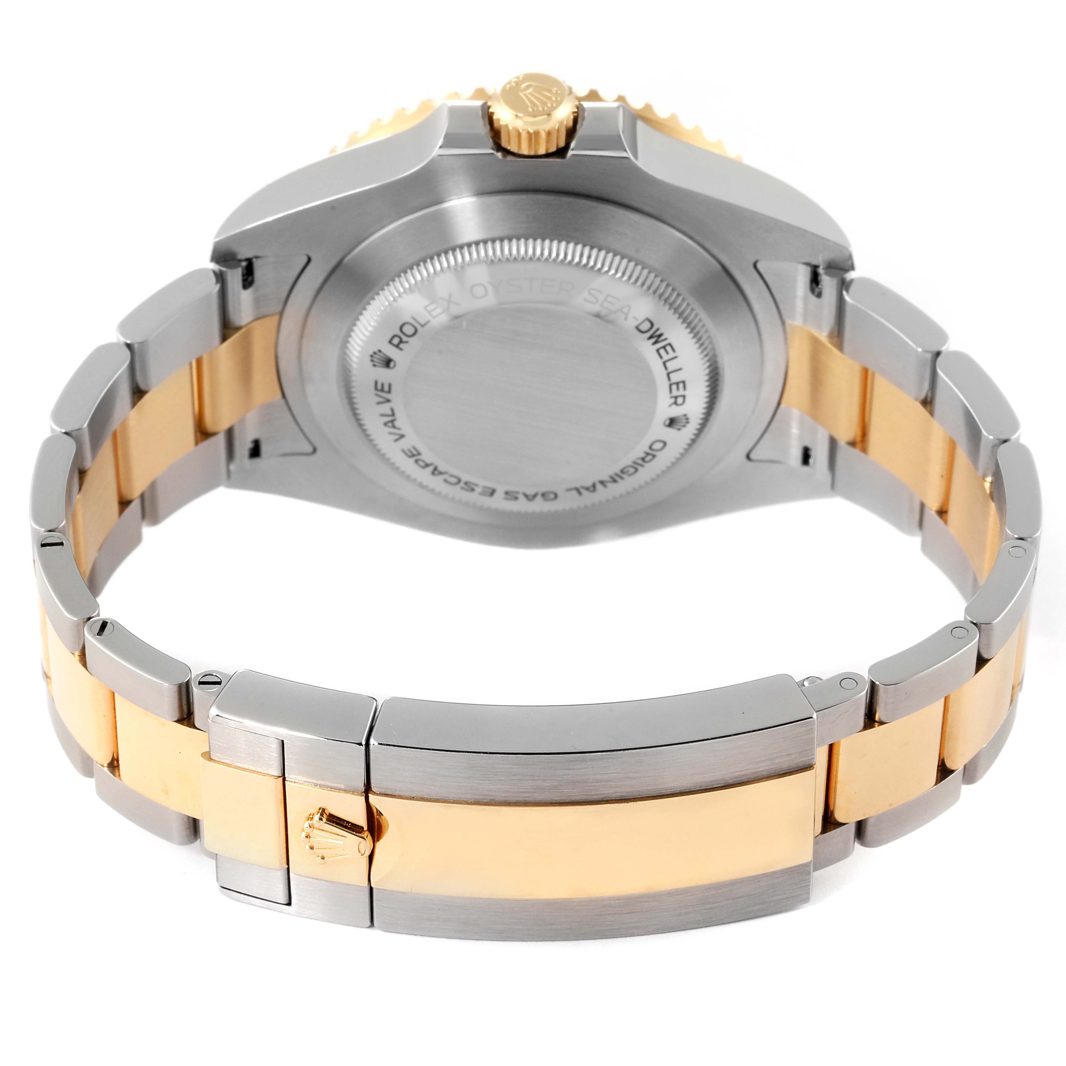 The image shows the back case and bracelet of a Rolex Sea-Dweller 126603 Men's Steel and Gold (two tone) Black Dial 126603 Men's Steel and Gold (two tone) Black Dial watch, featuring a two-tone metal finish.