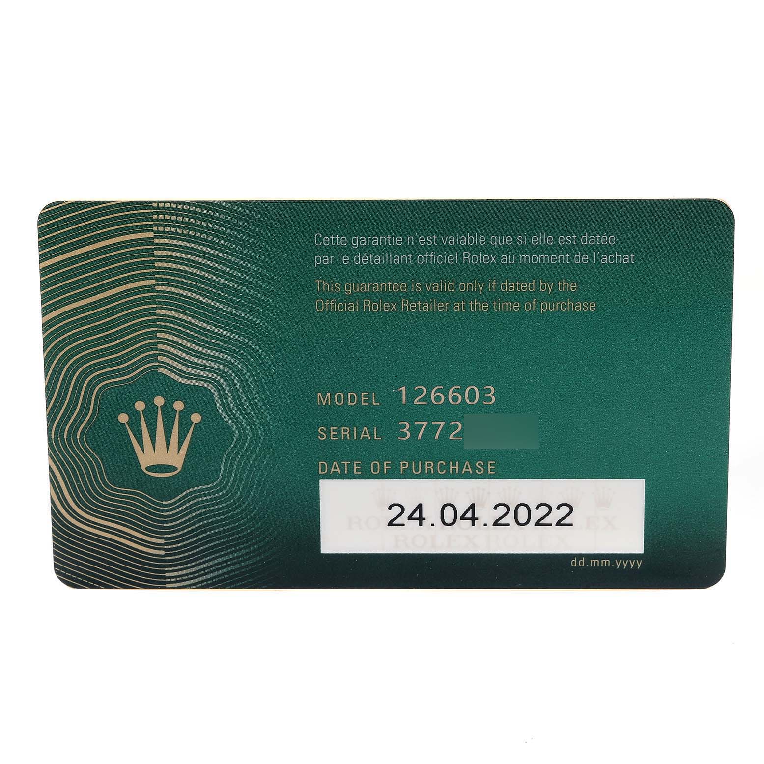 The image shows the warranty card for a Rolex Sea-Dweller 126603 Men's Steel and Gold (two tone) Black Dial 126603 Men's Steel and Gold (two tone) Black Dial model 126603, highlighting the model number, serial number, and purchase date.
