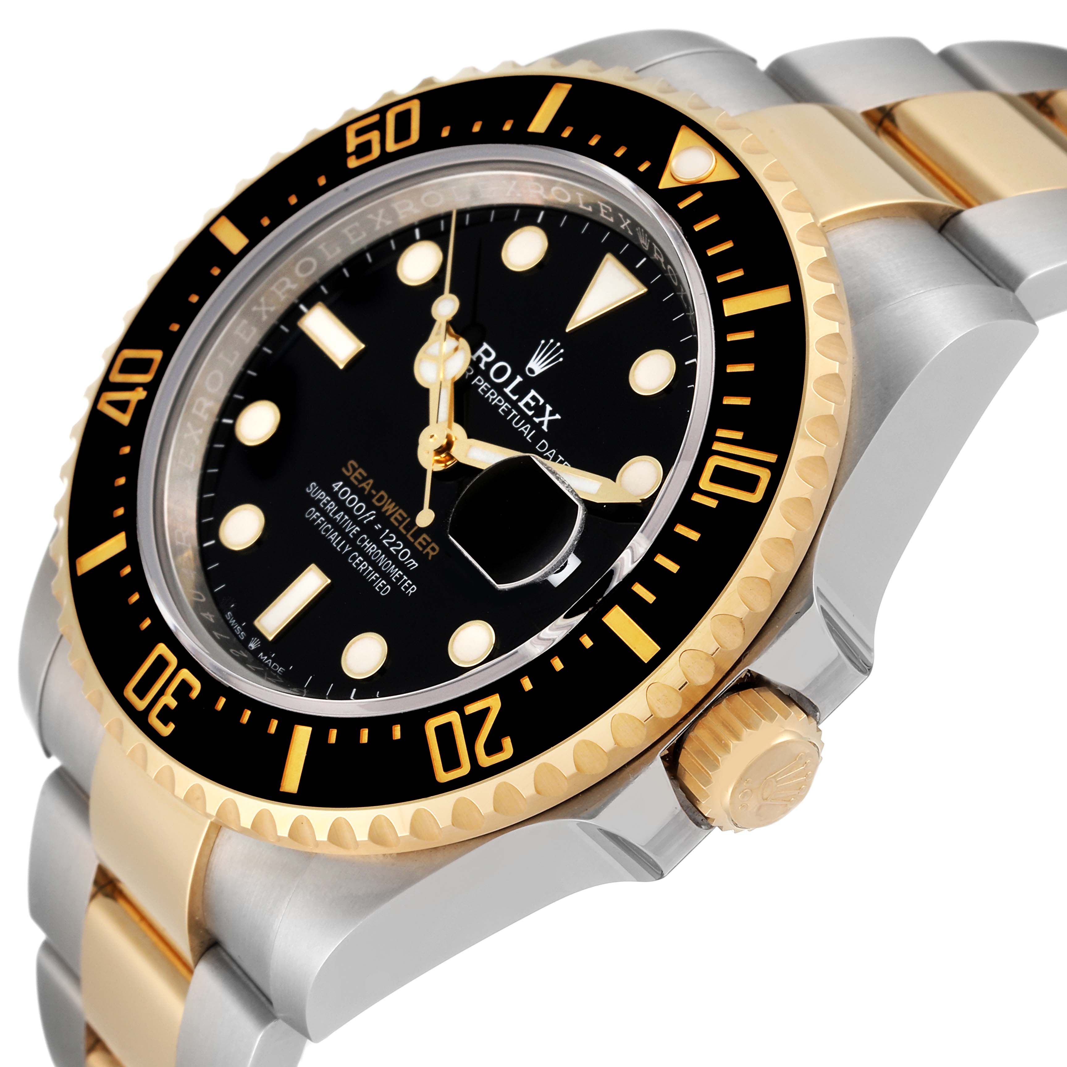 This image shows a side perspective of the Rolex Sea-Dweller 126603 Men's Steel and Gold (two tone) Black Dial 126603 Men's Steel and Gold (two tone) Black Dial watch, highlighting the bezel, dial, and part of the bracelet.