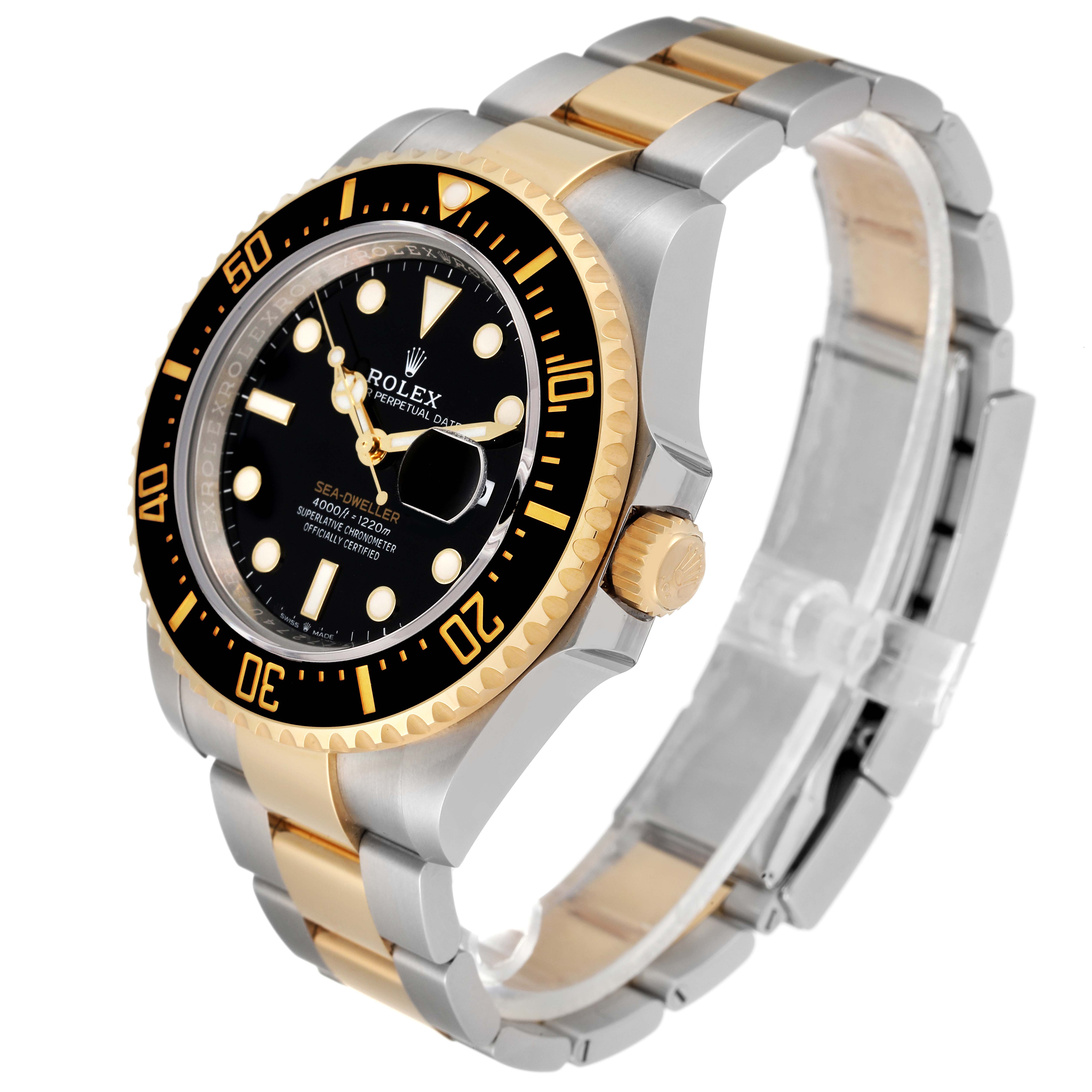 The image shows a Rolex Sea-Dweller 126603 Men's Steel and Gold (two tone) Black Dial 126603 Men's Steel and Gold (two tone) Black Dial watch at an angle displaying its face, bezel, crown, and two-tone bracelet.